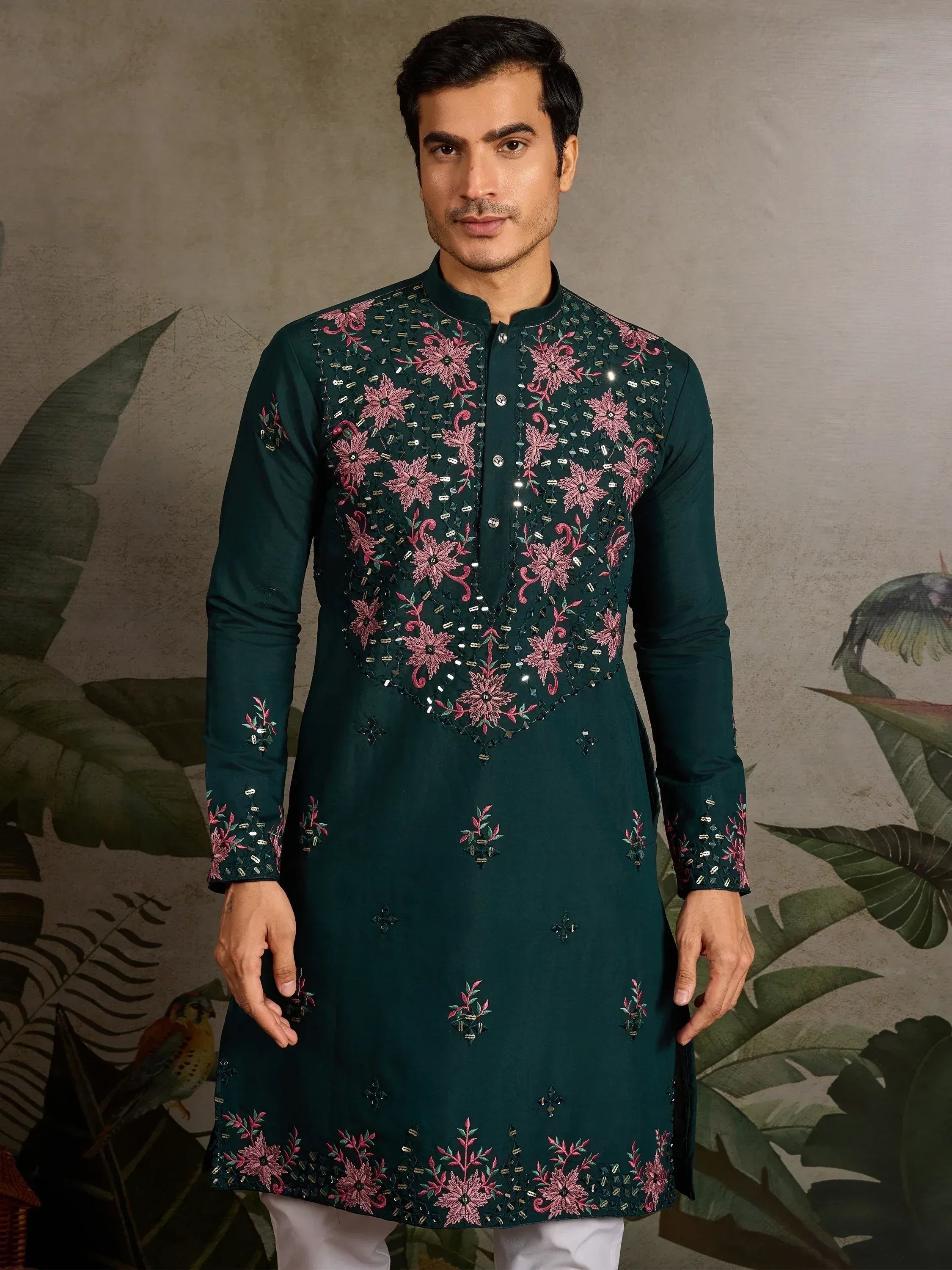 Men's dark green kurta with pink floral embroidery and mirror work, Indian ethnic wear