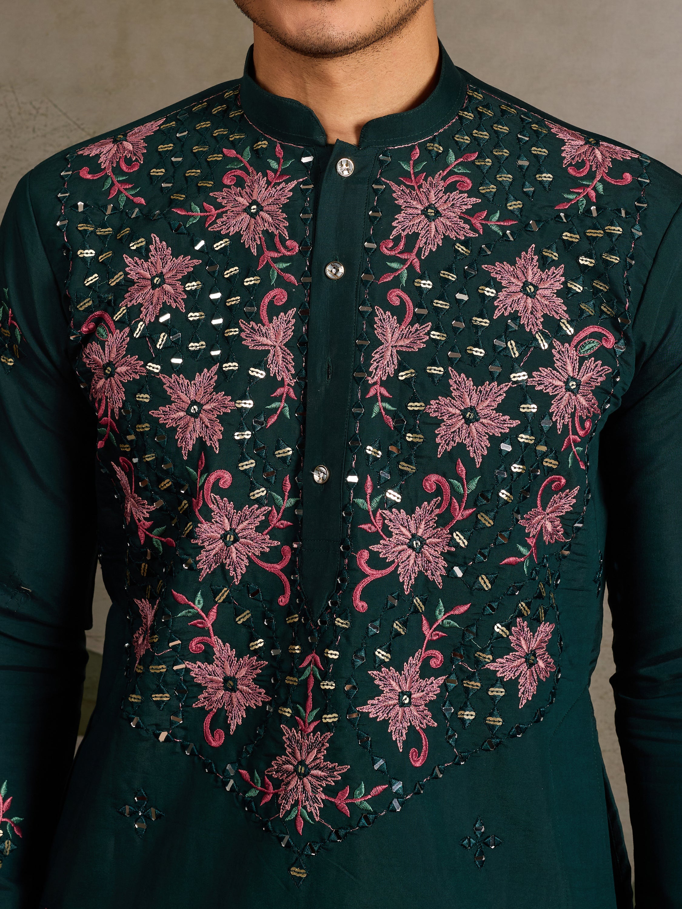 Marvelous Green Thread Work Viscose Silk Traditional Men Kurta