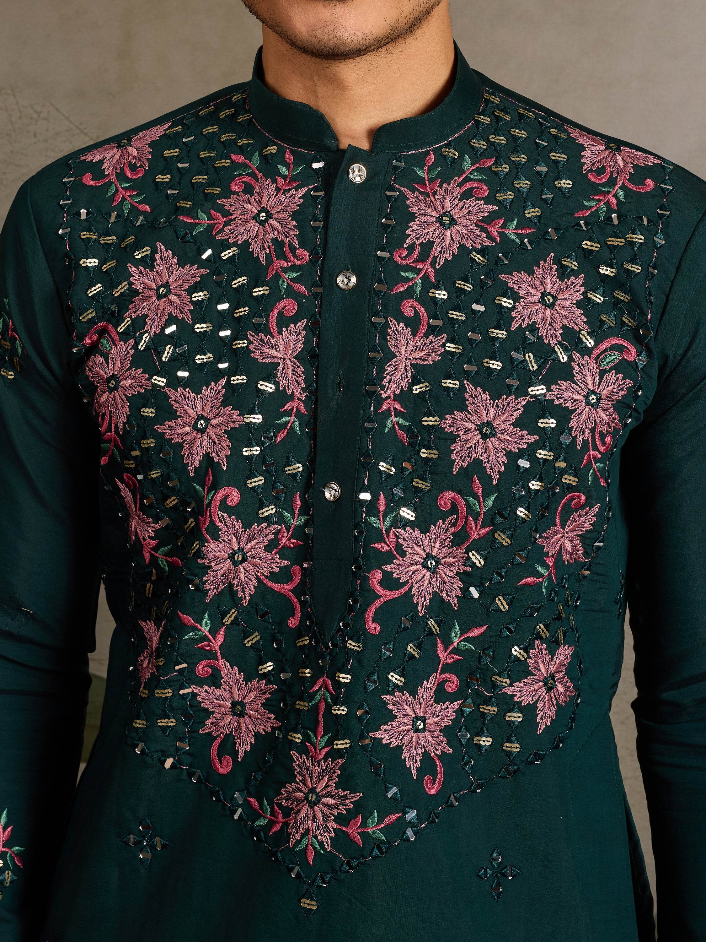 Marvelous Green Thread Work Viscose Silk Traditional Men Kurta