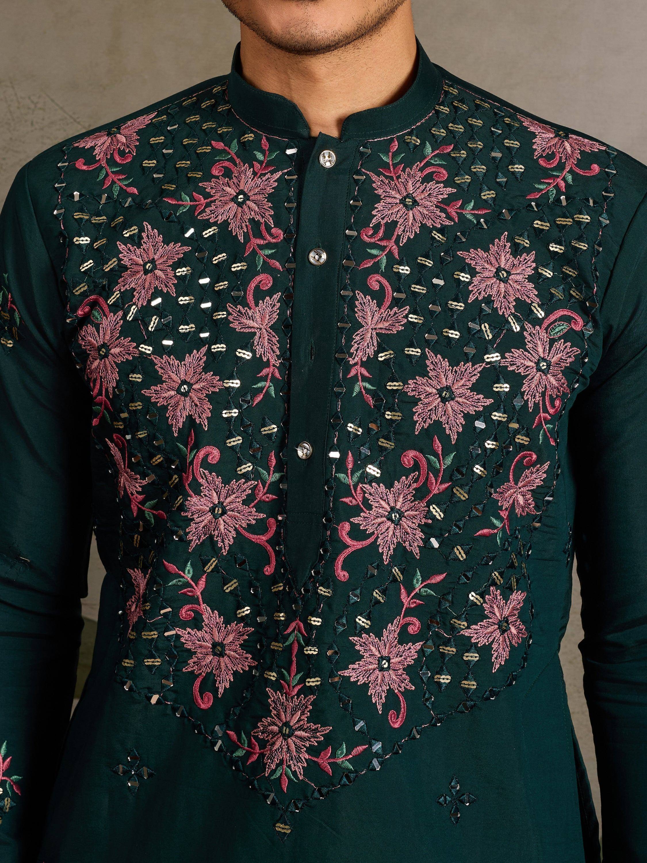 Men's dark green kurta with pink floral embroidery and mirror work, ethnic Indian wear