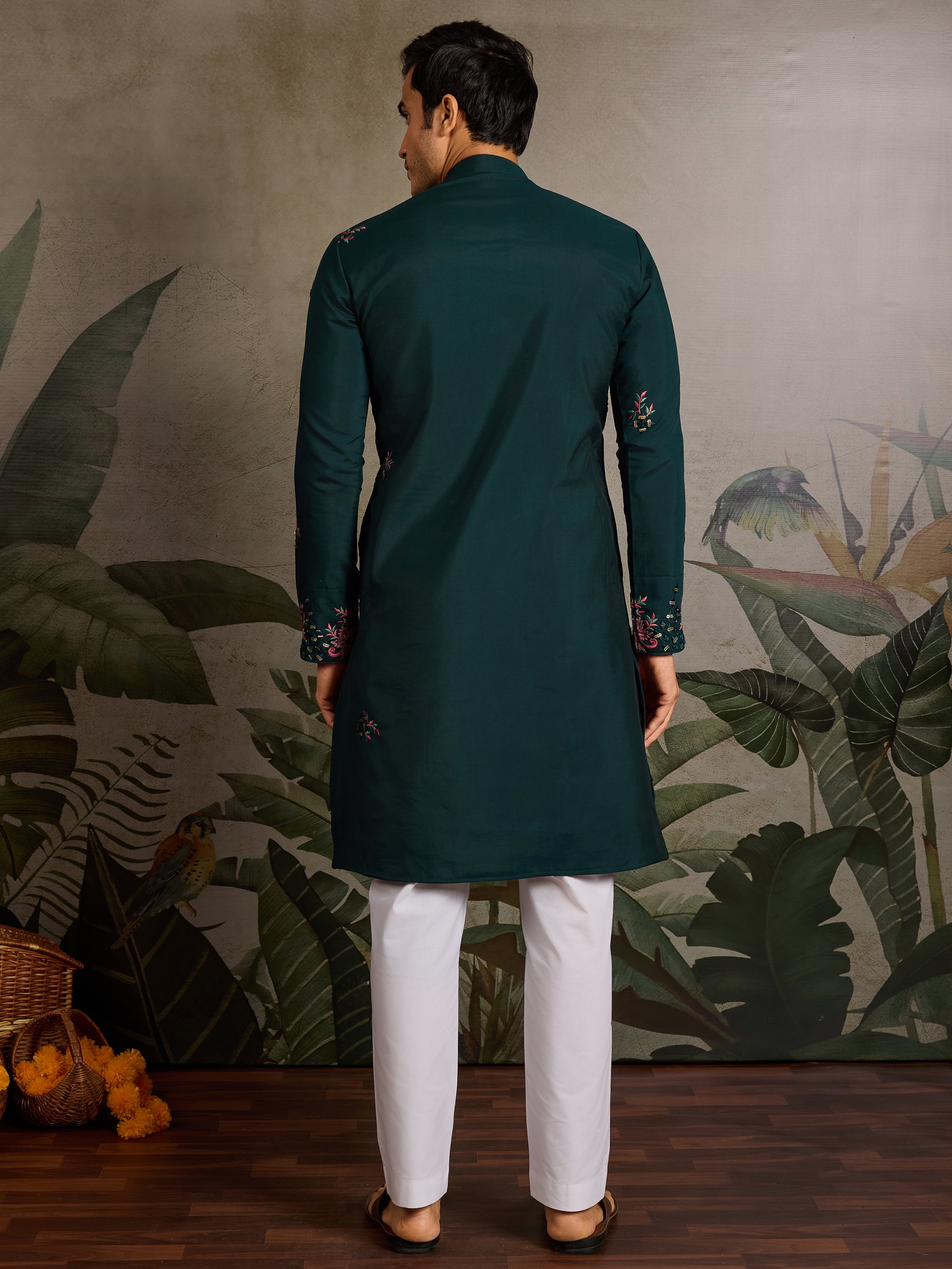 Marvelous Green Thread Work Viscose Silk Traditional Men Kurta
