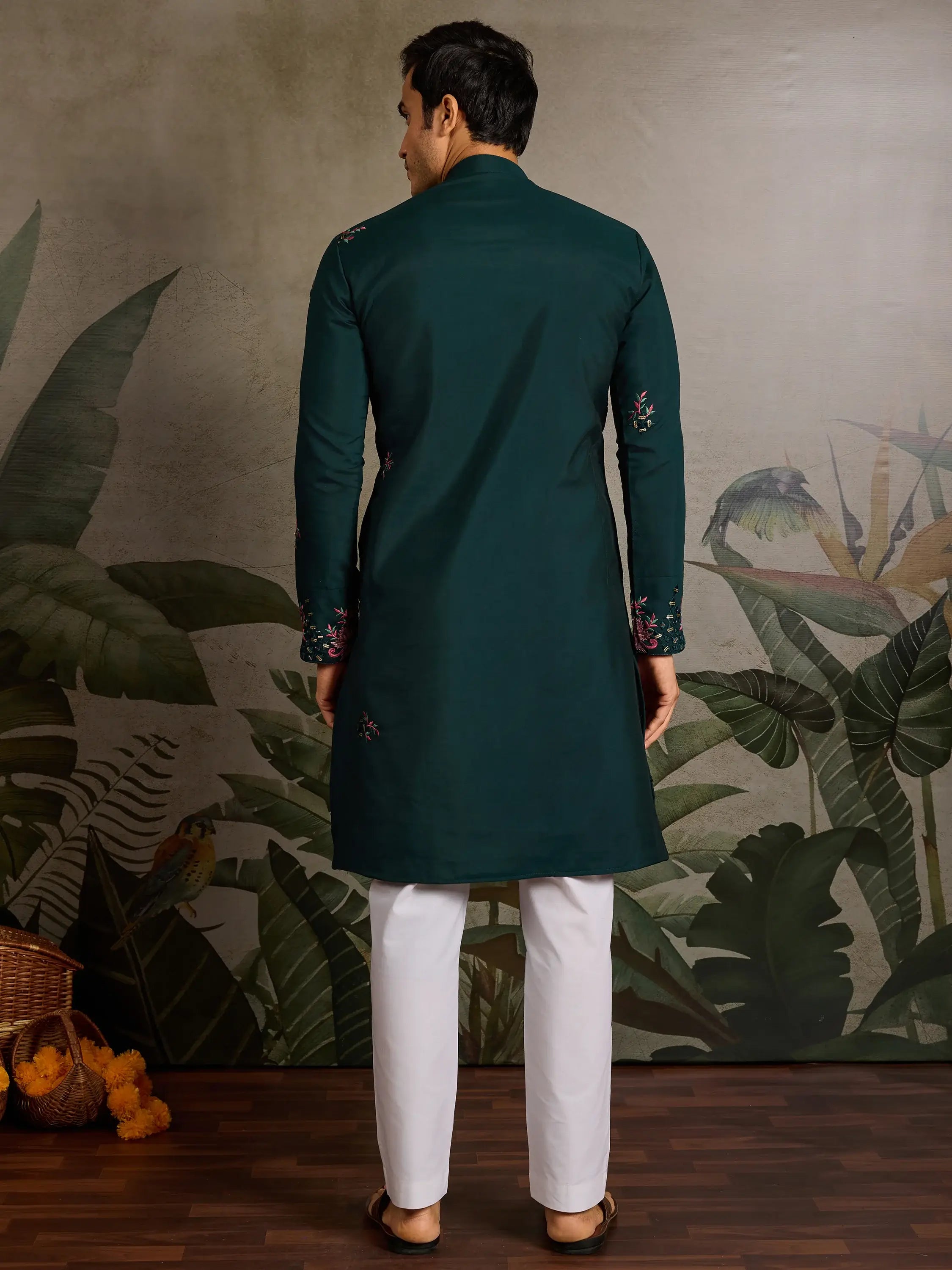 Marvelous Green Thread Work Viscose Silk Traditional Men Kurta