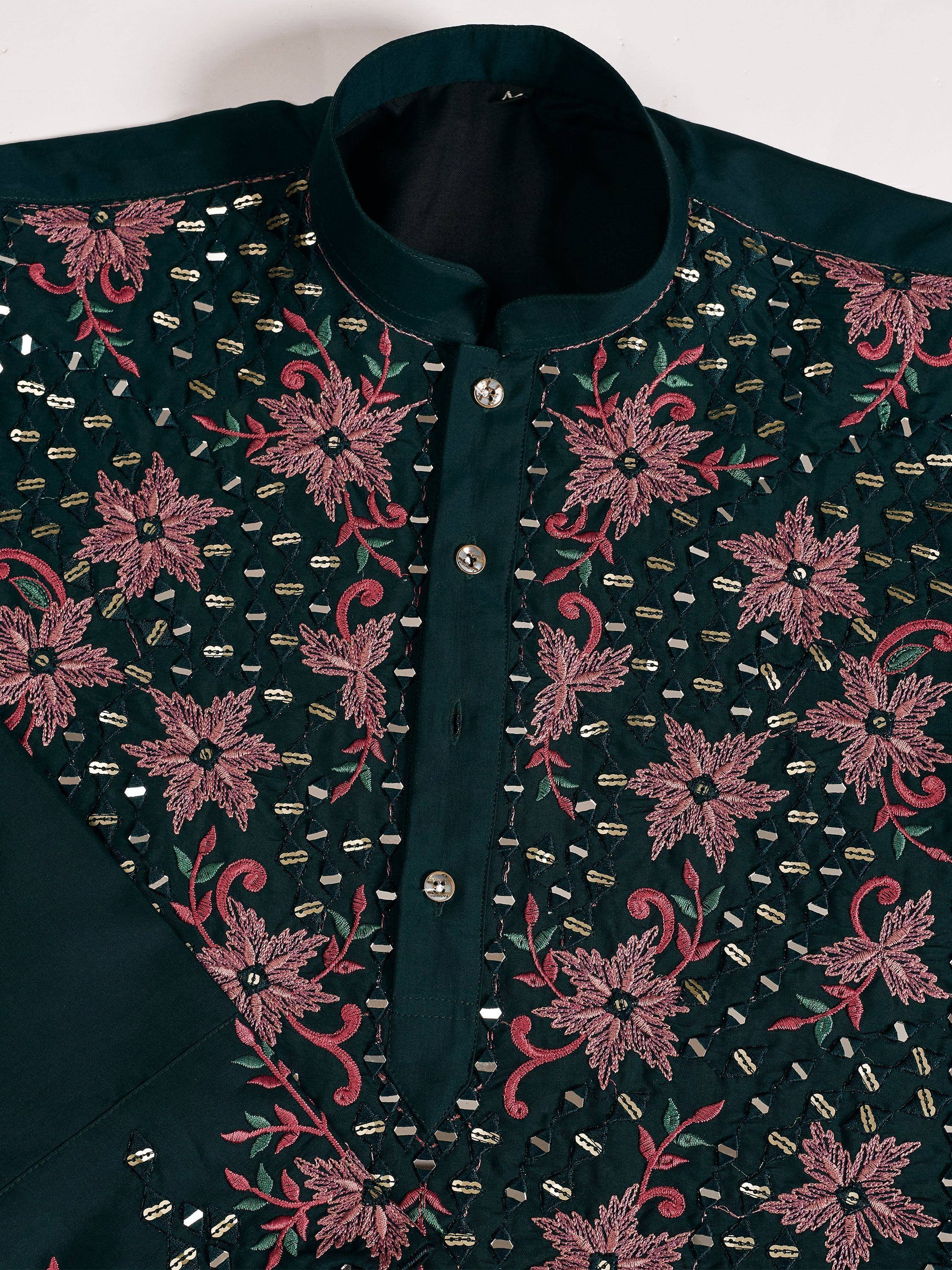 Dark green ethnic kurta with pink floral embroidery and mirror work, perfect for Indian wear.