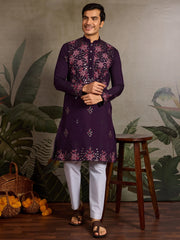 Beautiful Purple Thread Embroidered Viscose Silk Wedding Wear Men Kurta
