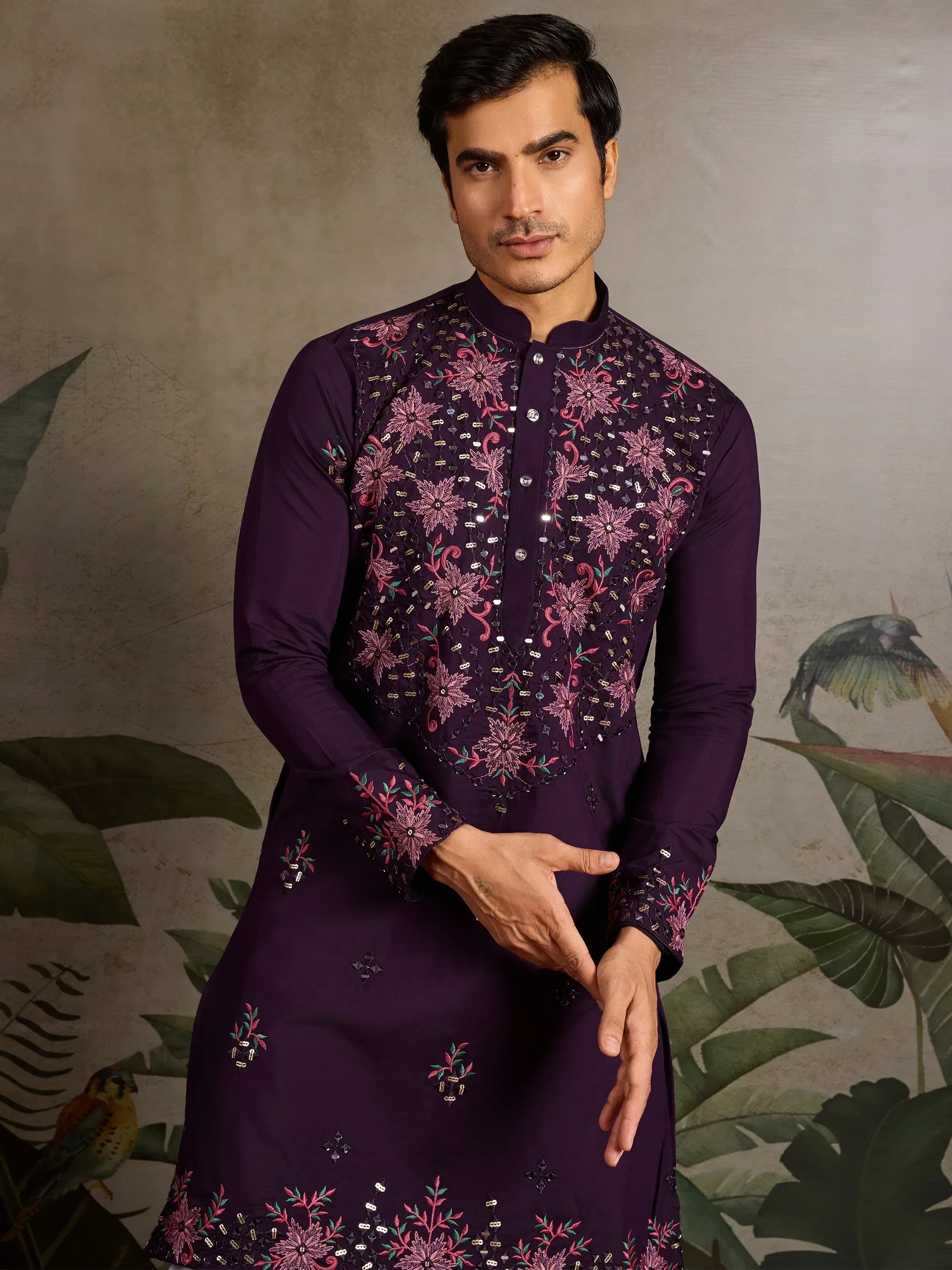 Beautiful Purple Thread Embroidered Viscose Silk Wedding Wear Men Kurta
