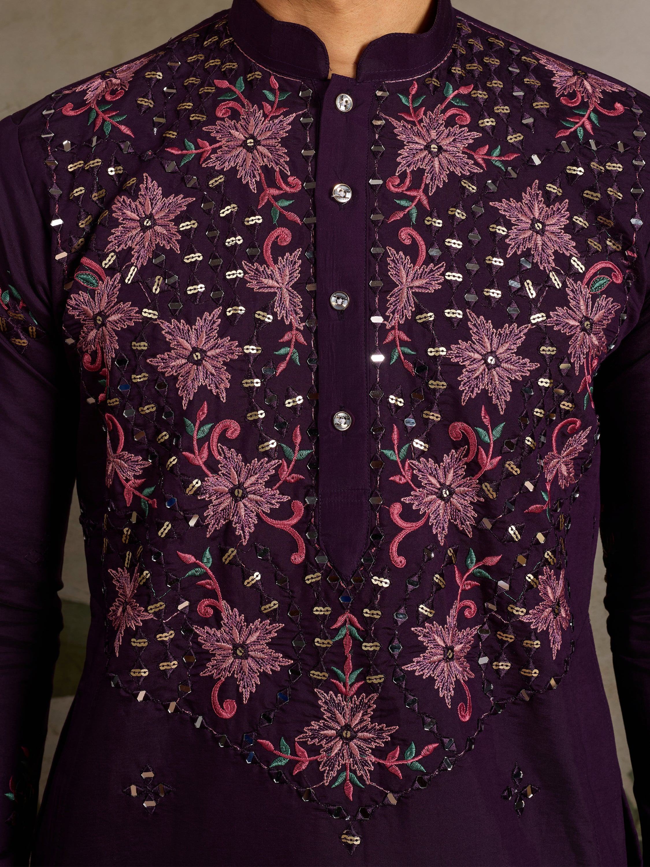 Beautiful Purple Thread Embroidered Viscose Silk Wedding Wear Men Kurta