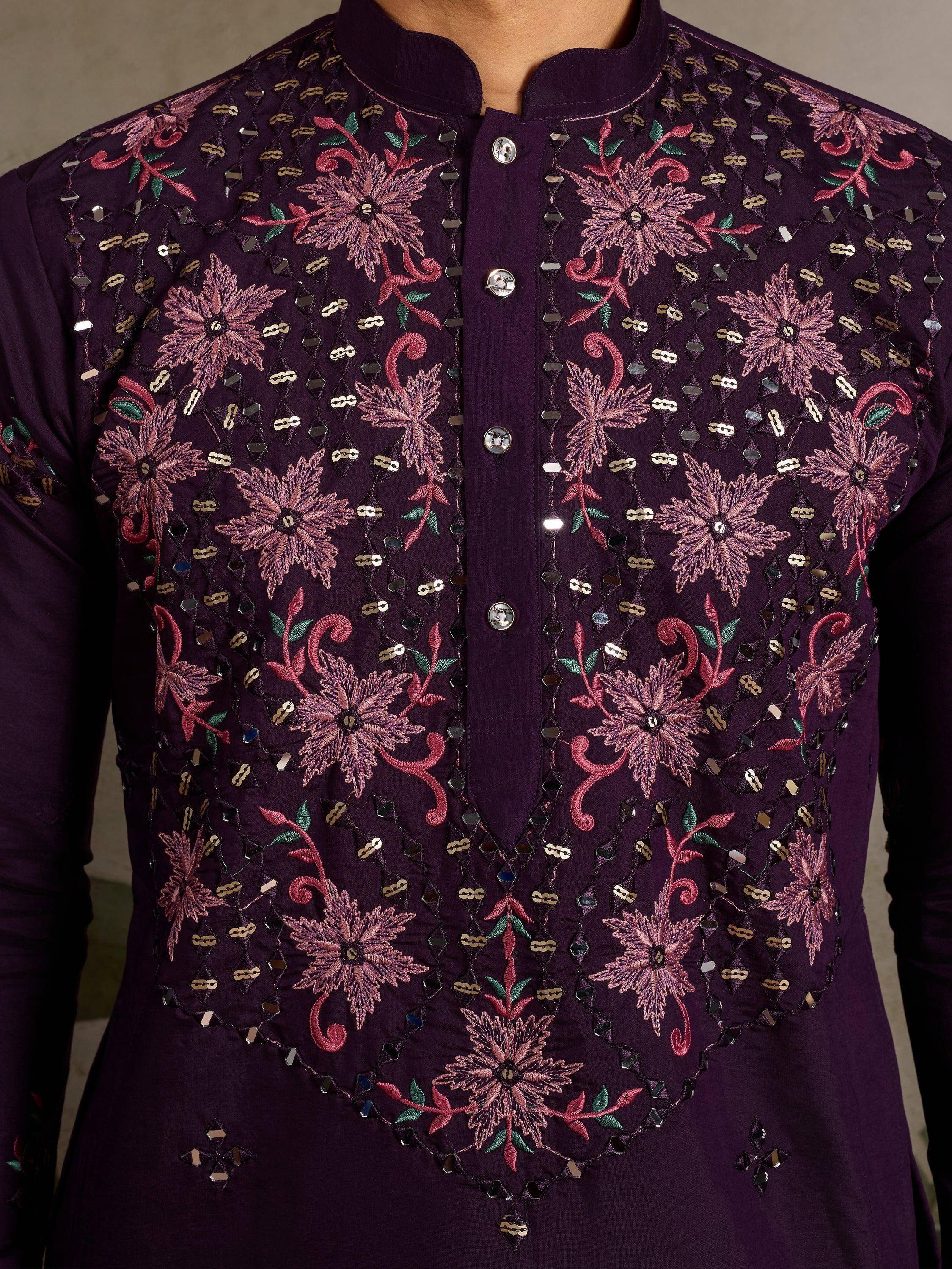 Purple ethnic kurta with floral embroidery and mirror work, perfect for Indian festive wear