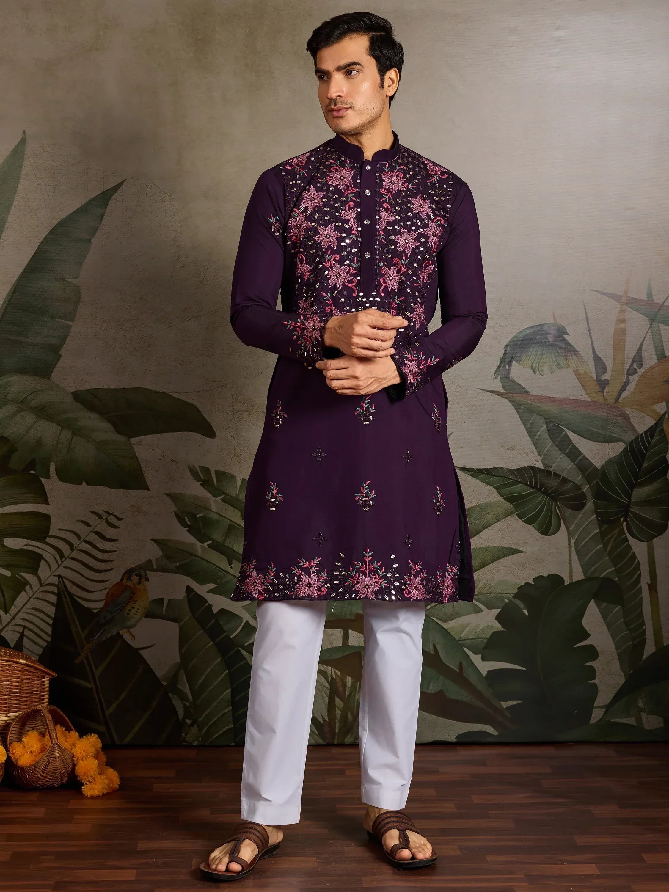 Purple embroidered kurta with floral sequin work, paired with white pants for men's ethnic wear