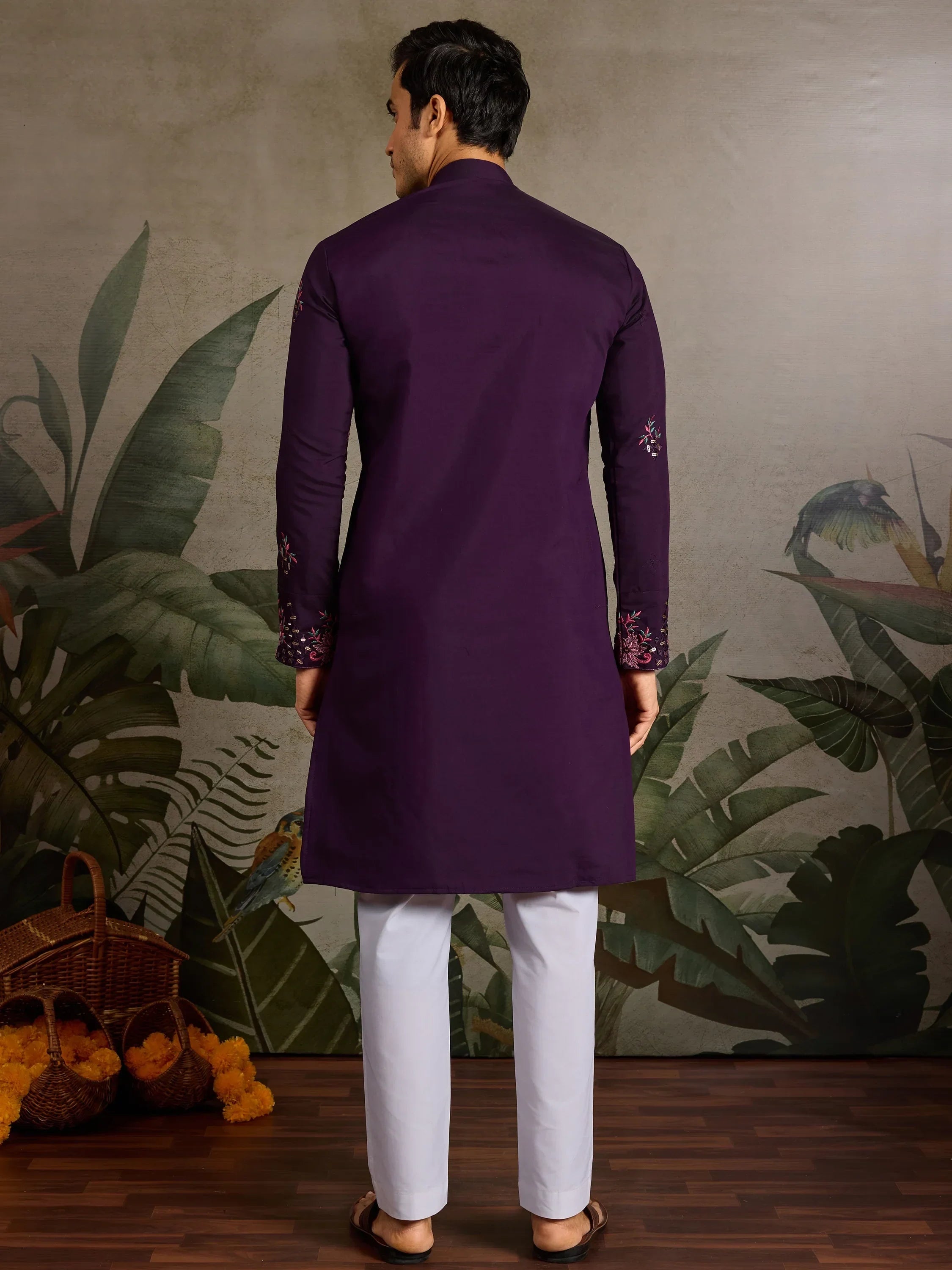 Beautiful Purple Thread Embroidered Viscose Silk Wedding Wear Men Kurta