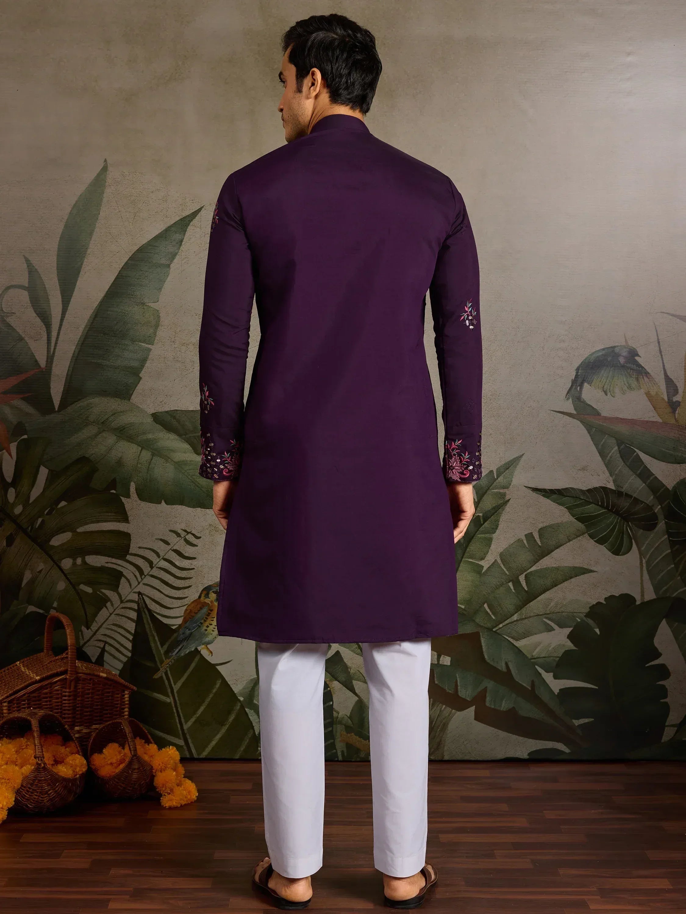 Purple embroidered kurta with white pants, back view, ethnic wear for men