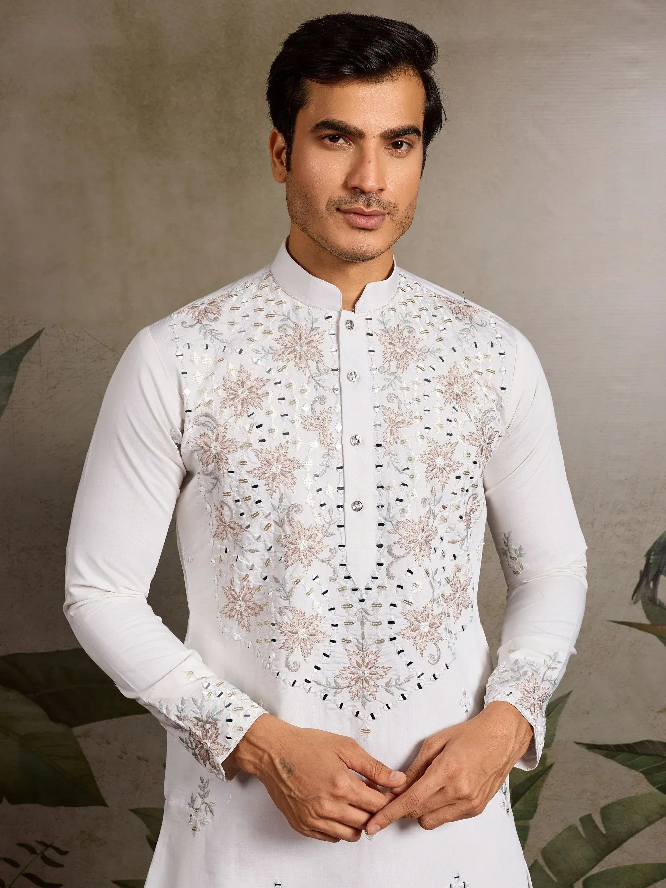 White embroidered kurta with floral mirror work for men, Indian ethnic wear