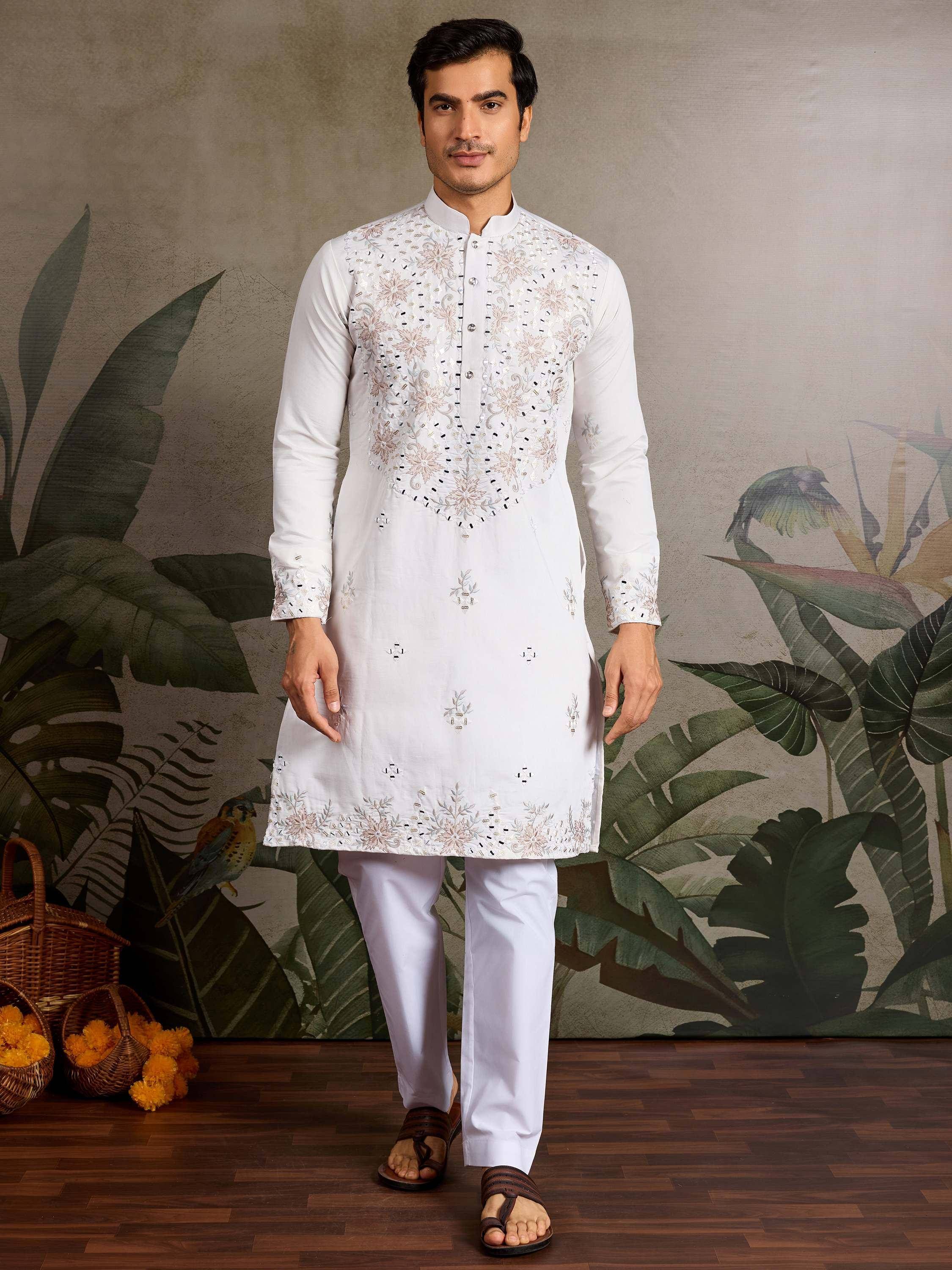 White embroidered kurta set with floral detailing, perfect for Indian ethnic wear occasions