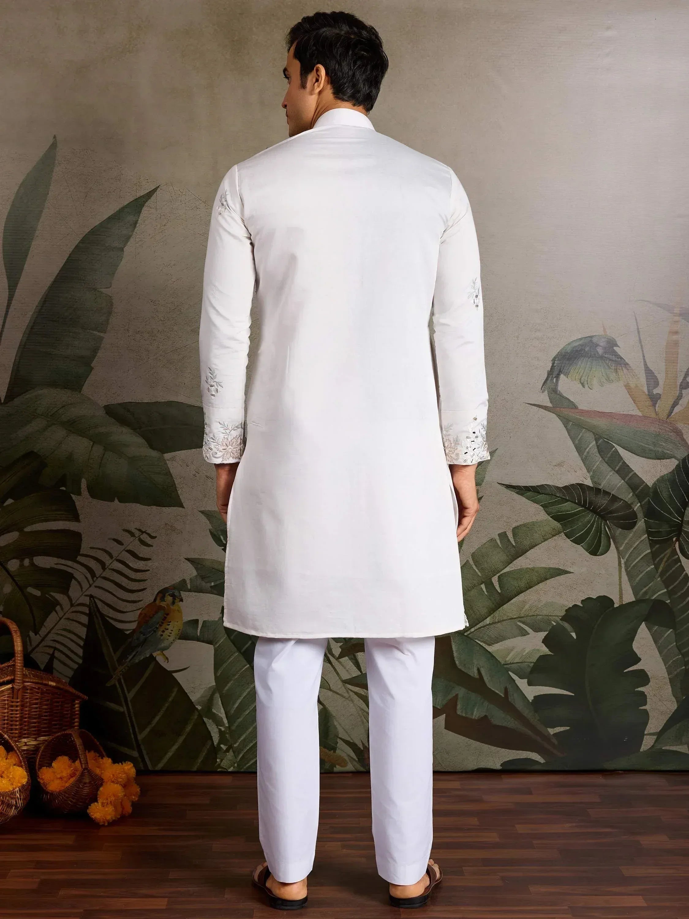 White embroidered kurta pajama set for men, ethnic wear with floral sleeve detailing