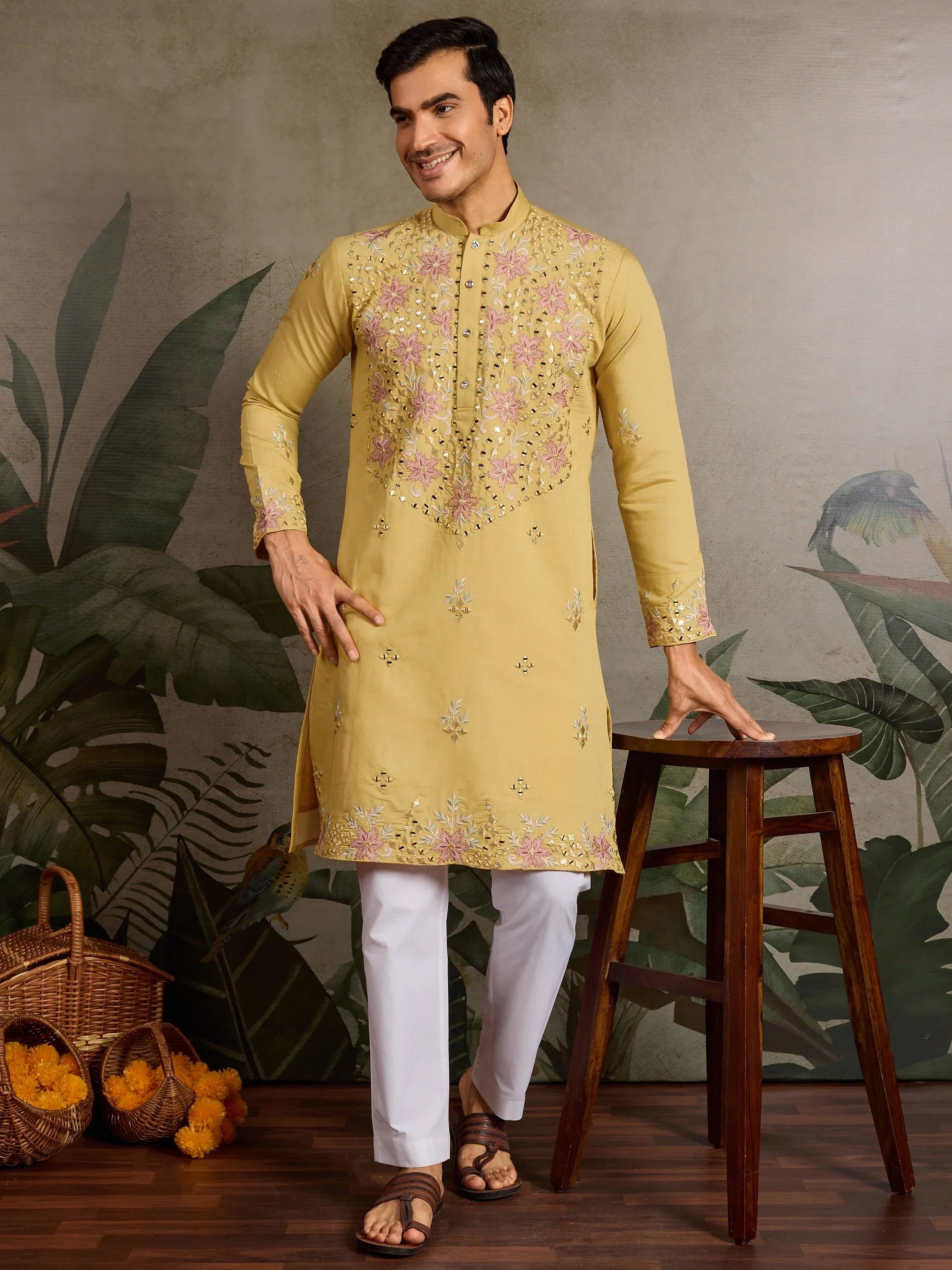 Outstanding Yellow Thread Embroidered Viscose Silk Haldi Wear Men Kurta