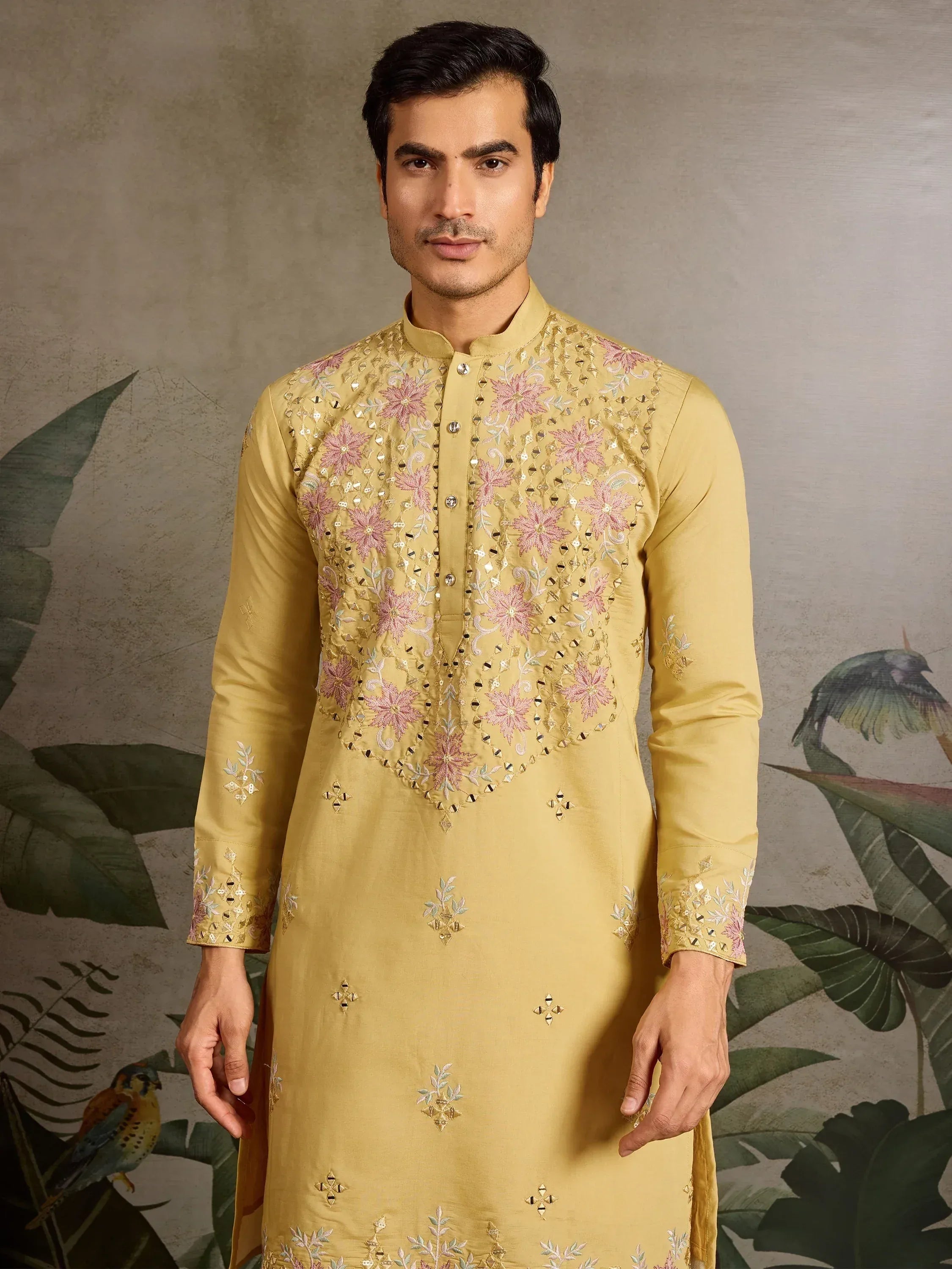 Men's mustard yellow kurta with pink floral embroidery and mirror work, ethnic Indian wear
