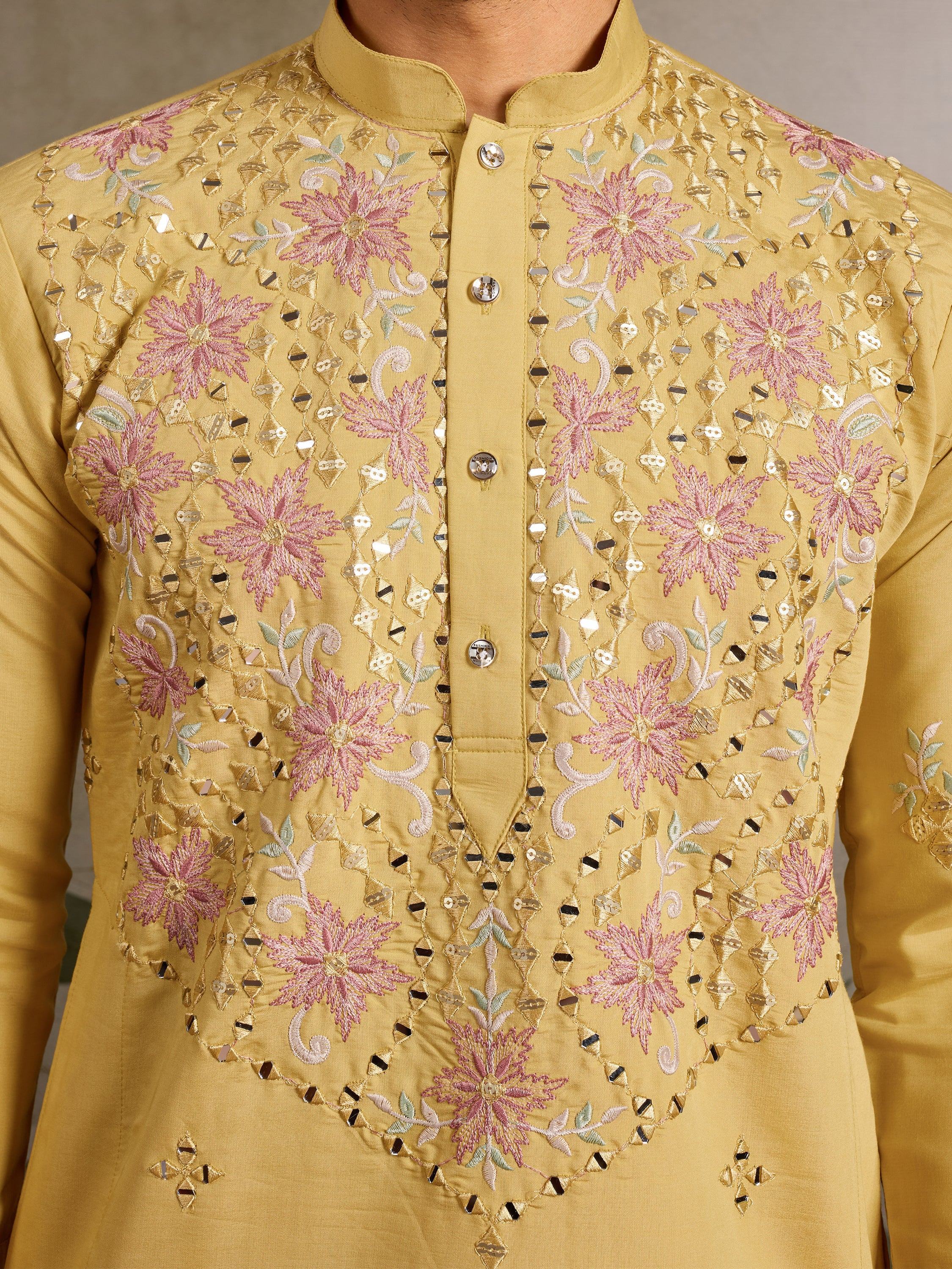Outstanding Yellow Thread Embroidered Viscose Silk Haldi Wear Men Kurta