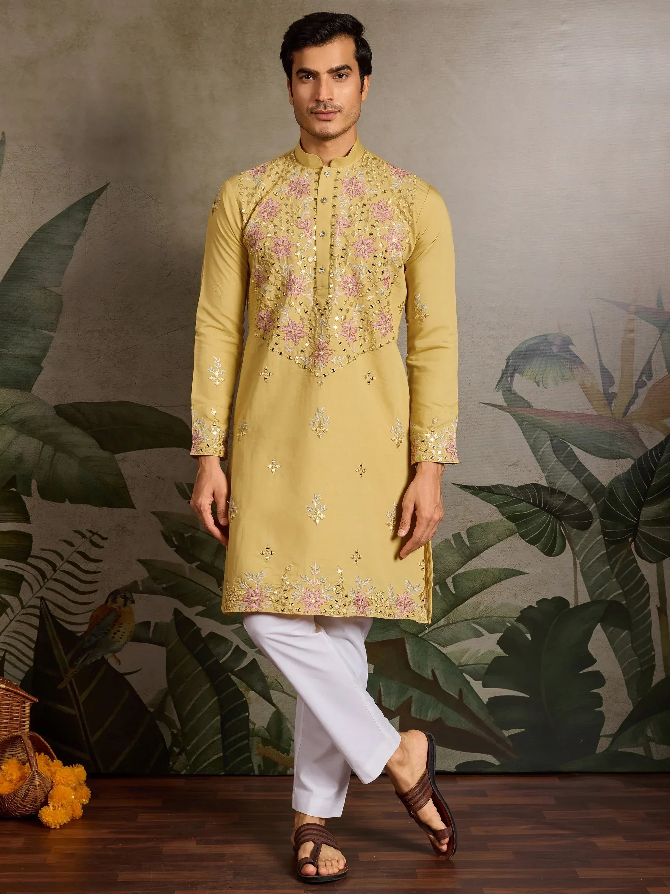 Yellow embroidered kurta with white pants, floral mirror work, ethnic Indian men's wear