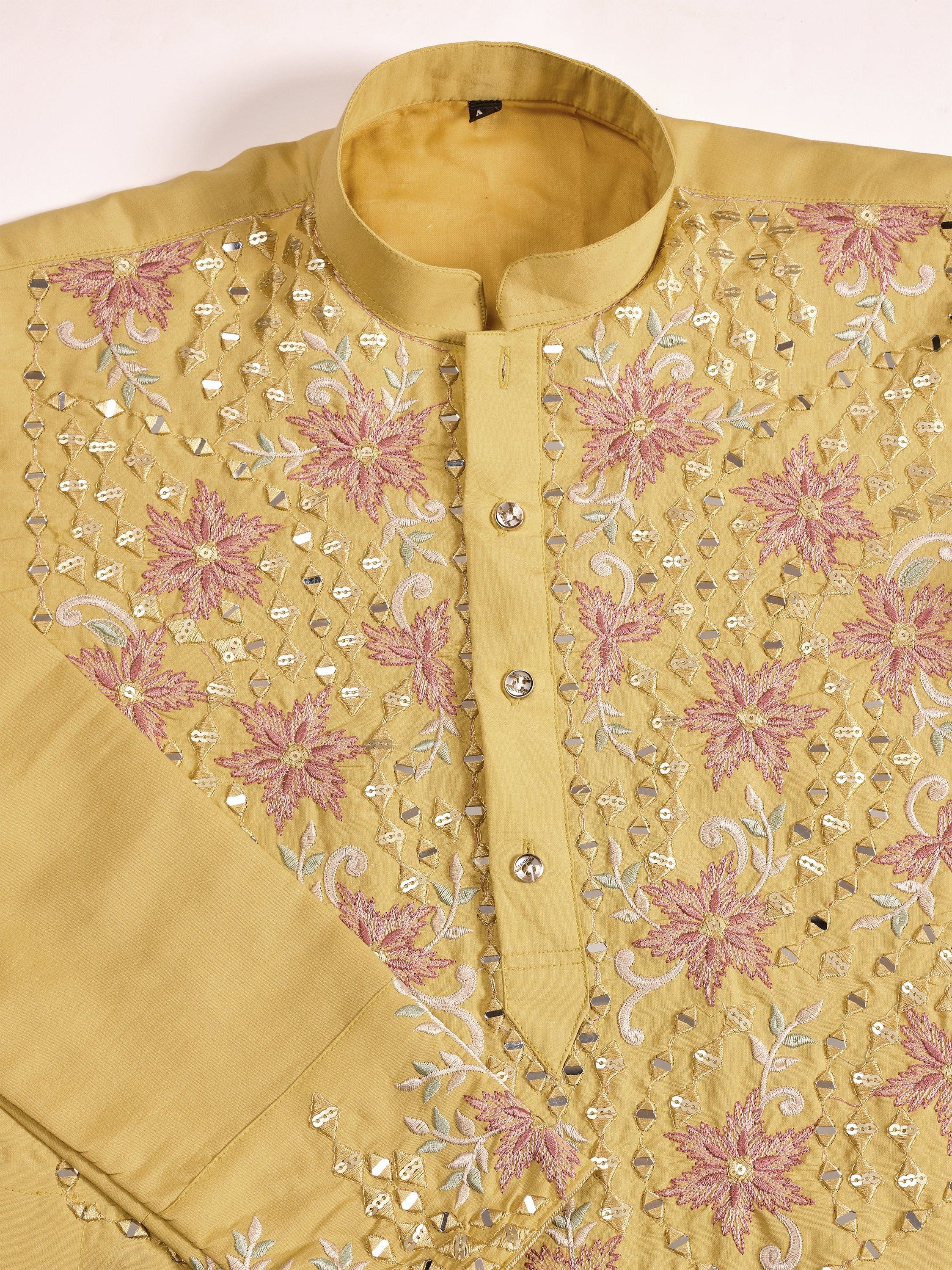 Outstanding Yellow Thread Embroidered Viscose Silk Haldi Wear Men Kurta
