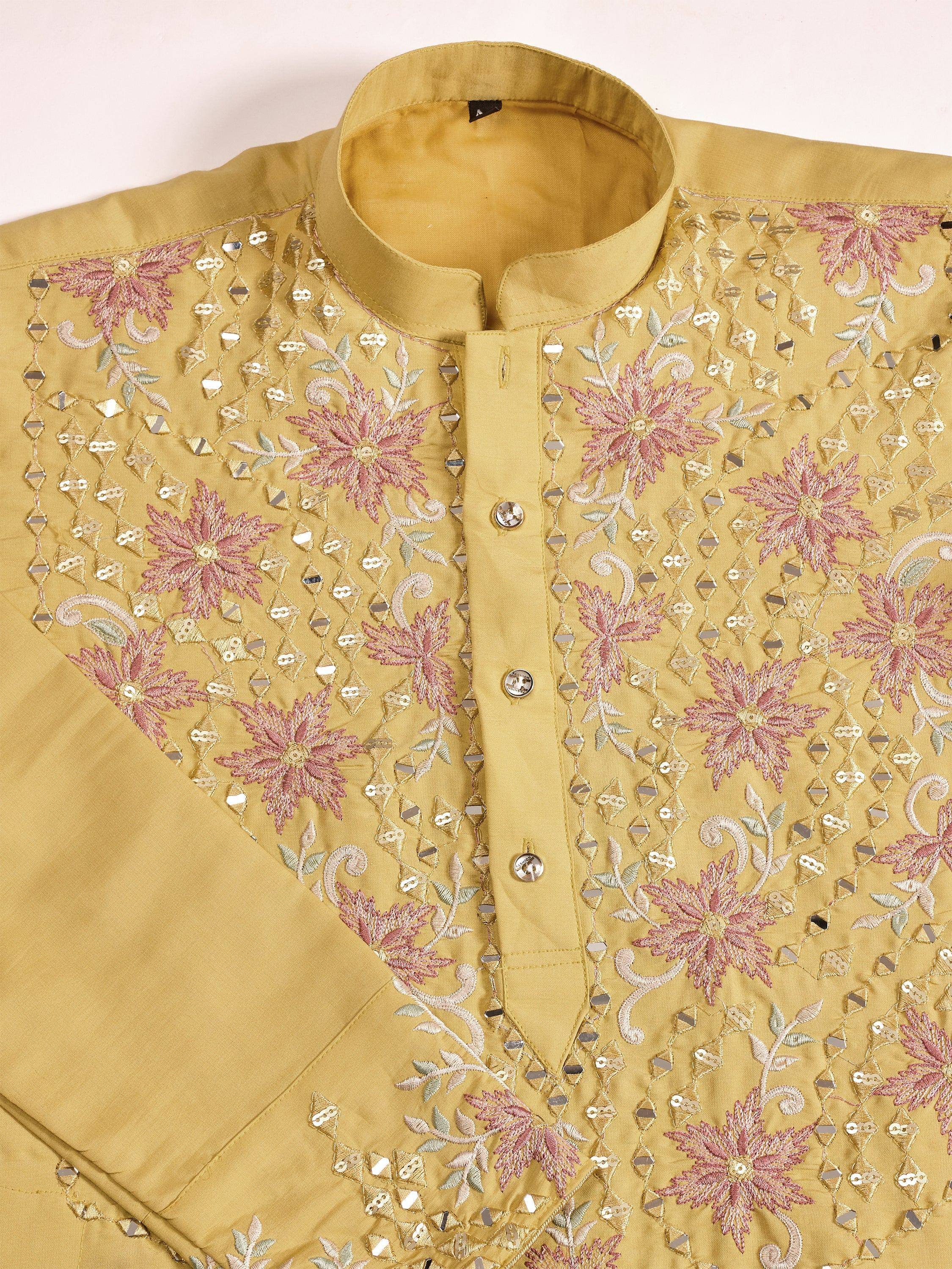 Mustard yellow kurta with pink floral embroidery and mirror work, traditional Indian ethnic wear