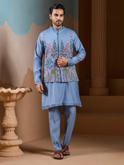 Classic Sky Blue Silk Men's Kurta And Pant With Thread Work Jacket