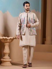 Amazing Beige Silk Men's Kurta And Pant With Thread Work Jacket