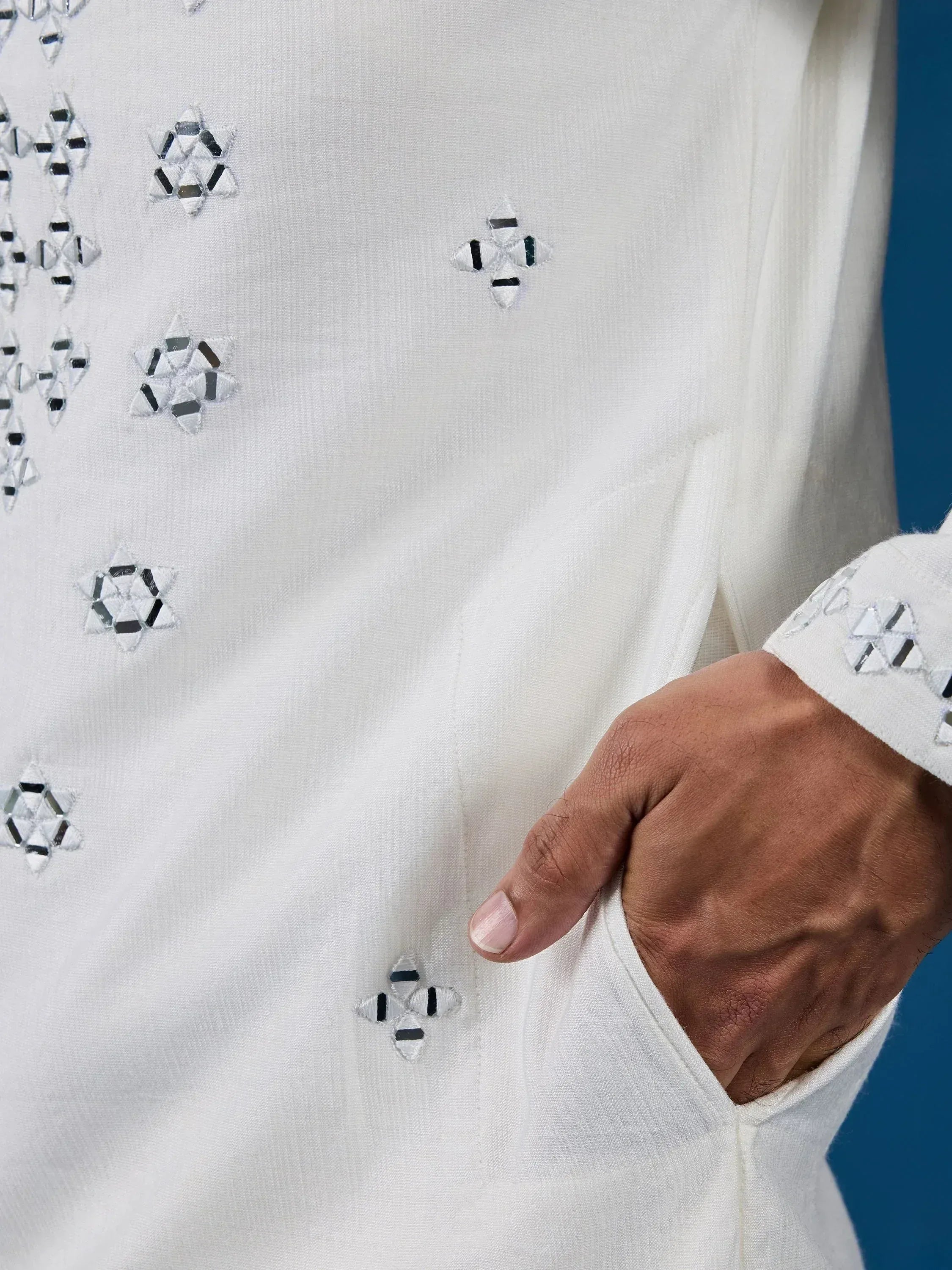 Gorgeous White Mirror Work Viscose Silk Traditional Men Kurta With Pant