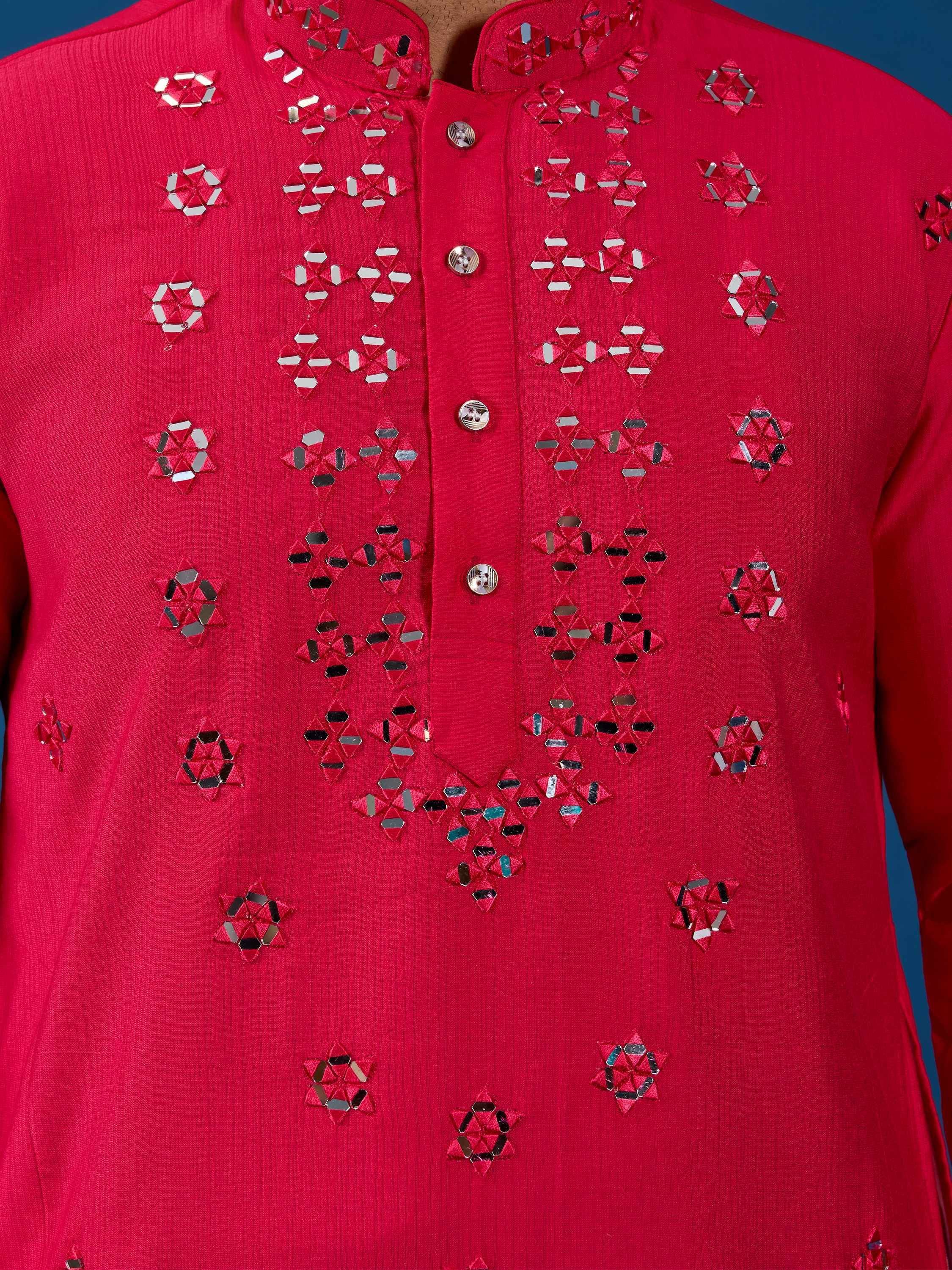 Awesome Rani Pink Thread Work Viscose Silk Festival Wear Men Kurta With Pant