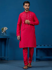 Awesome Rani Pink Thread Work Viscose Silk Festival Wear Men Kurta With Pant