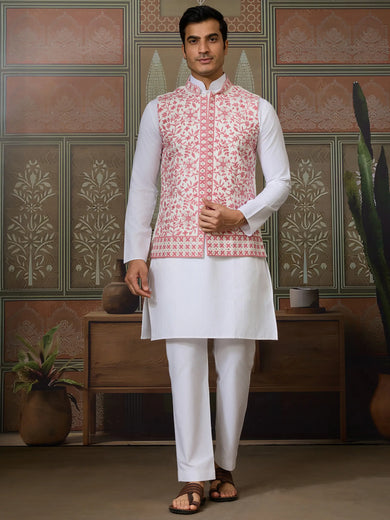 Stunning White Sequins Silk Traditional Men Kurta With Pant And Jacket