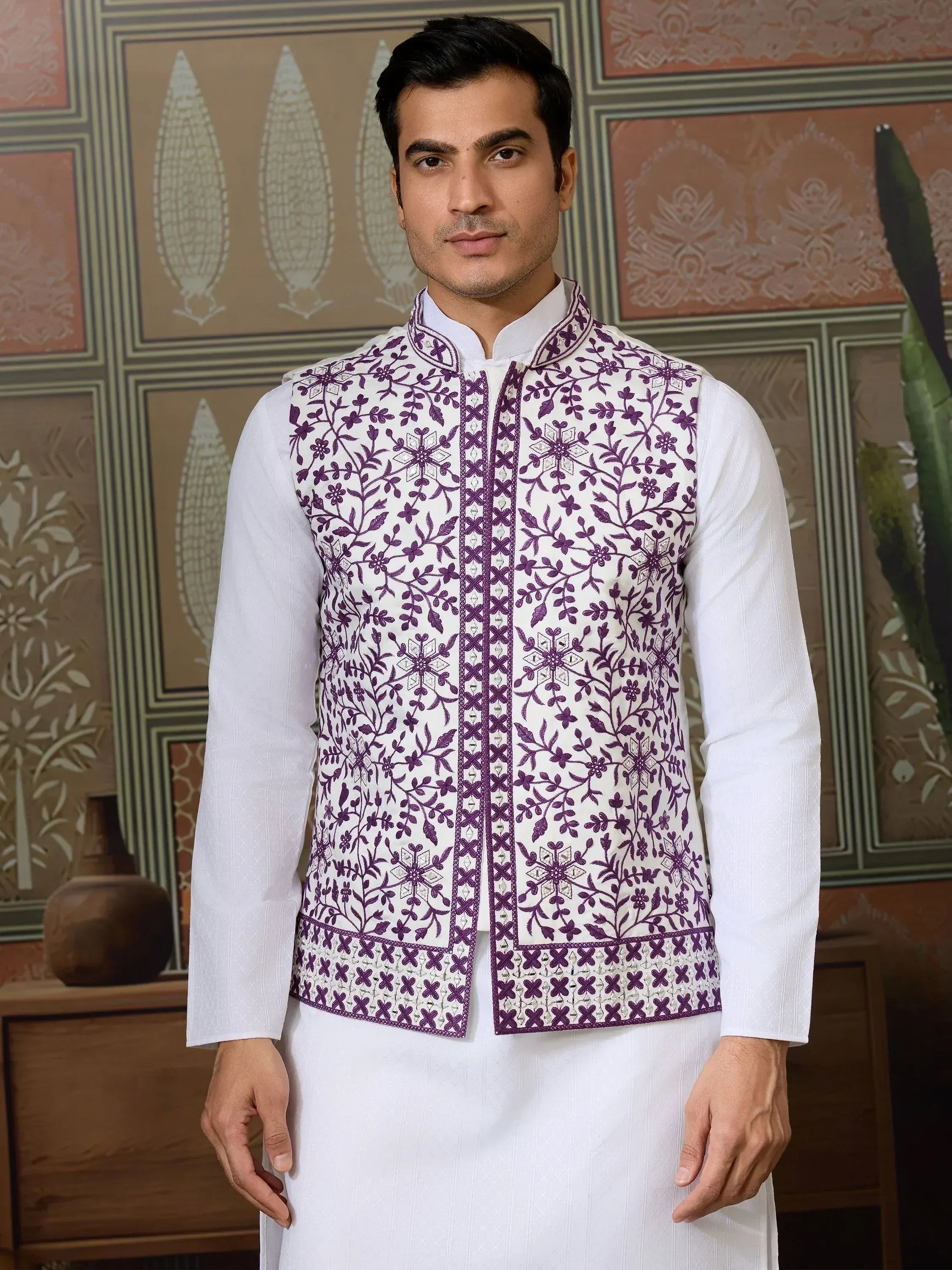 Men's white kurta with purple floral embroidered Nehru jacket for ethnic wear