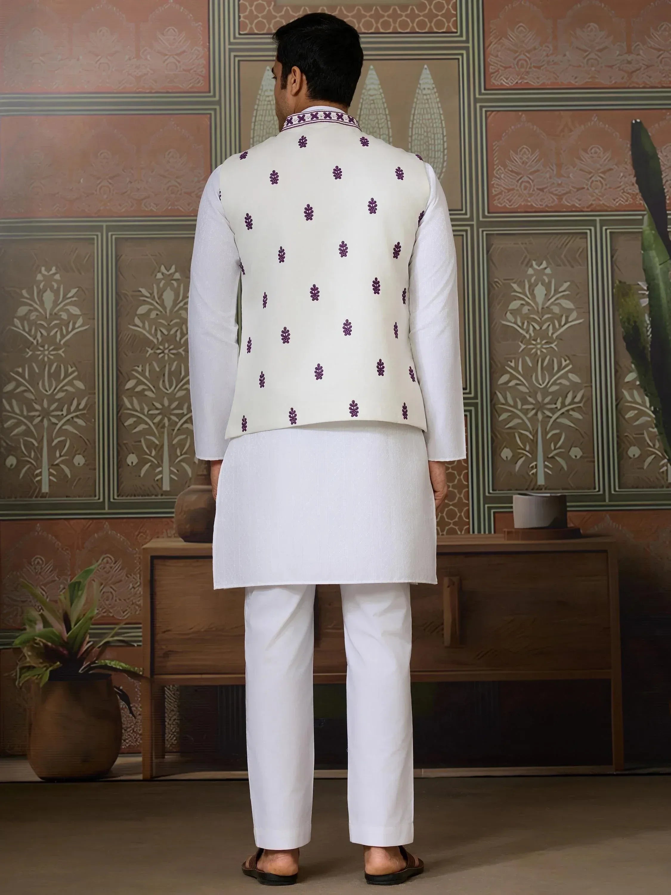 White kurta pajama with purple floral embroidered waistcoat for men, ethnic Indian wear