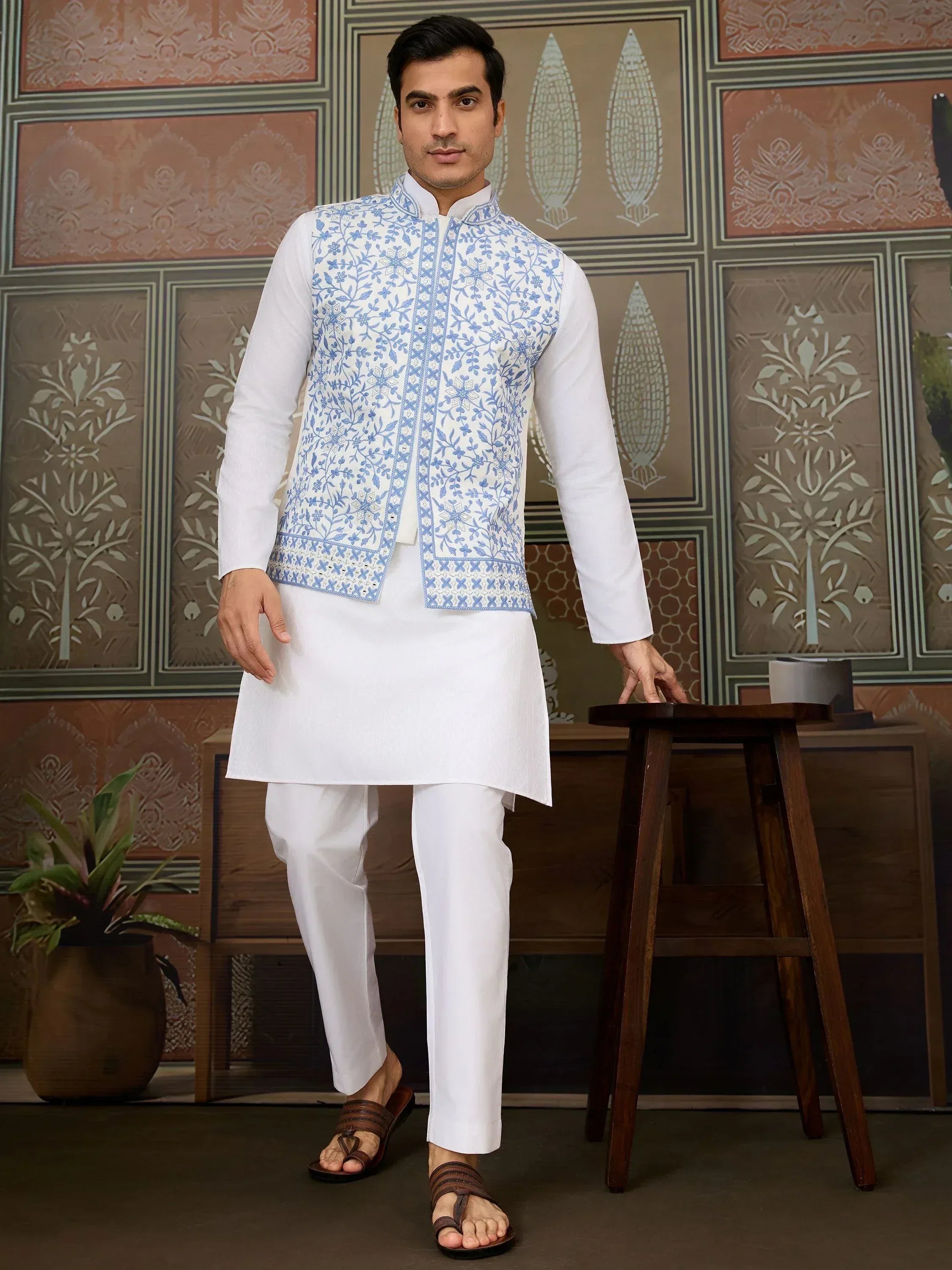 White kurta pajama with blue floral embroidered waistcoat for men, ethnic Indian wear