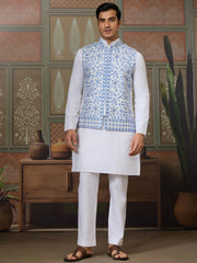 Gorgeous White Thread Embroidered Silk Men Kurta With Pant And Jacket