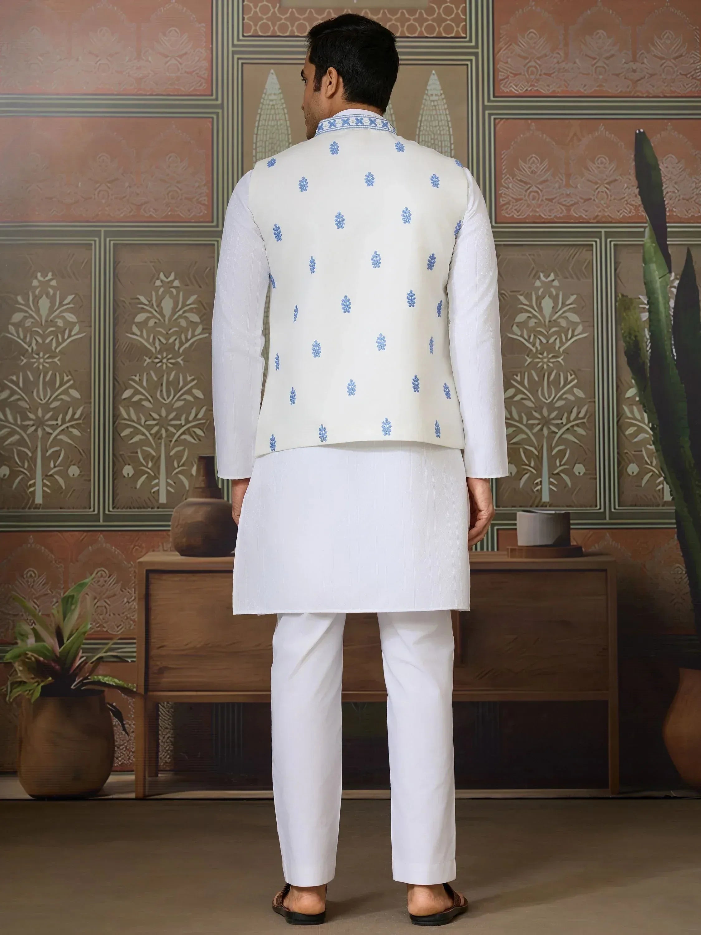 White kurta pajama with blue embroidered vest, Indian ethnic wear for men
