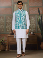 Tantalizing White Sequins Silk Wedding For Men Kurta With Pant And Jacket