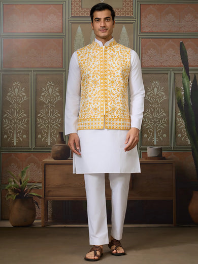 Mesmerizing White Thread Work Silk Function Wear Men Kurta With Pant And Jacket