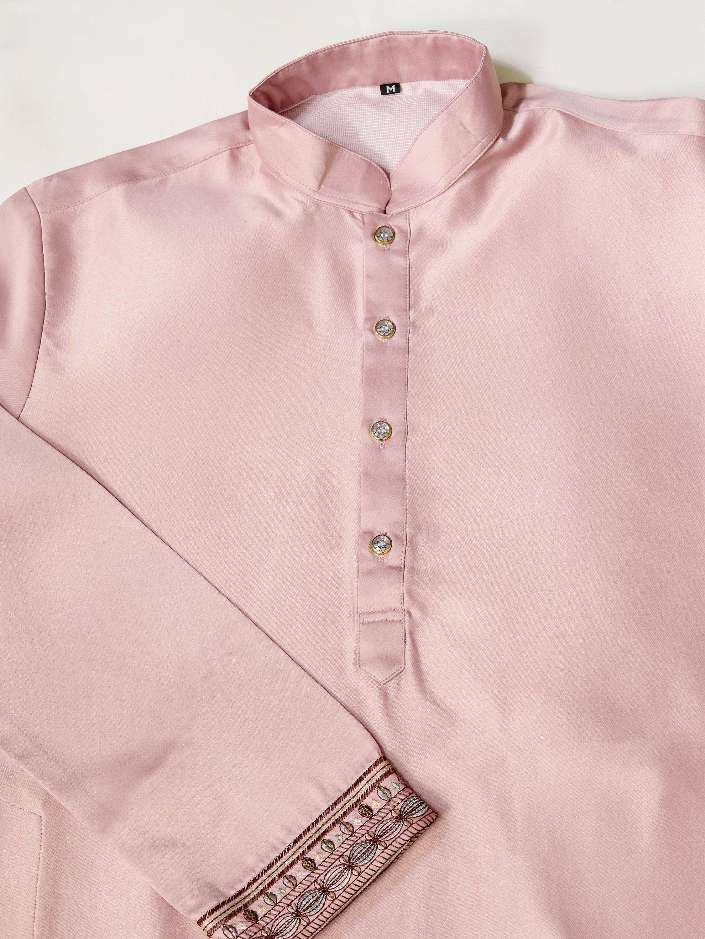 Pink ethnic kurta with embroidered cuffs and crystal buttons, ideal for Indian wear