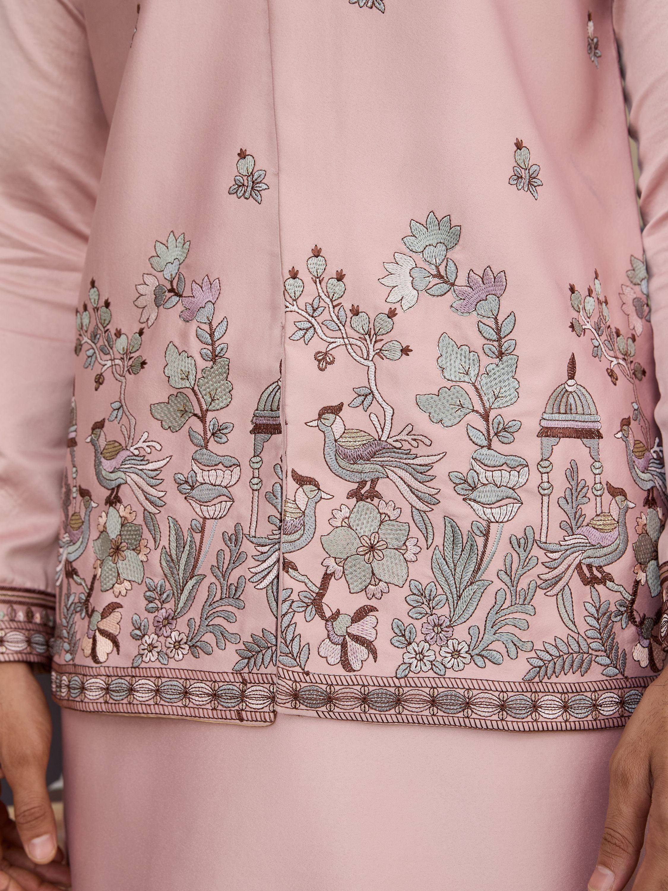 Pink ethnic kurta with peacock and floral embroidery, perfect for Indian festive wear