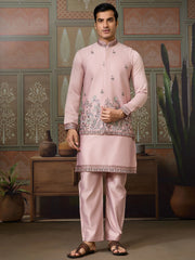 Rich Pink Thread Work Silk Wedding For Men Kurta With Pant And Jacket