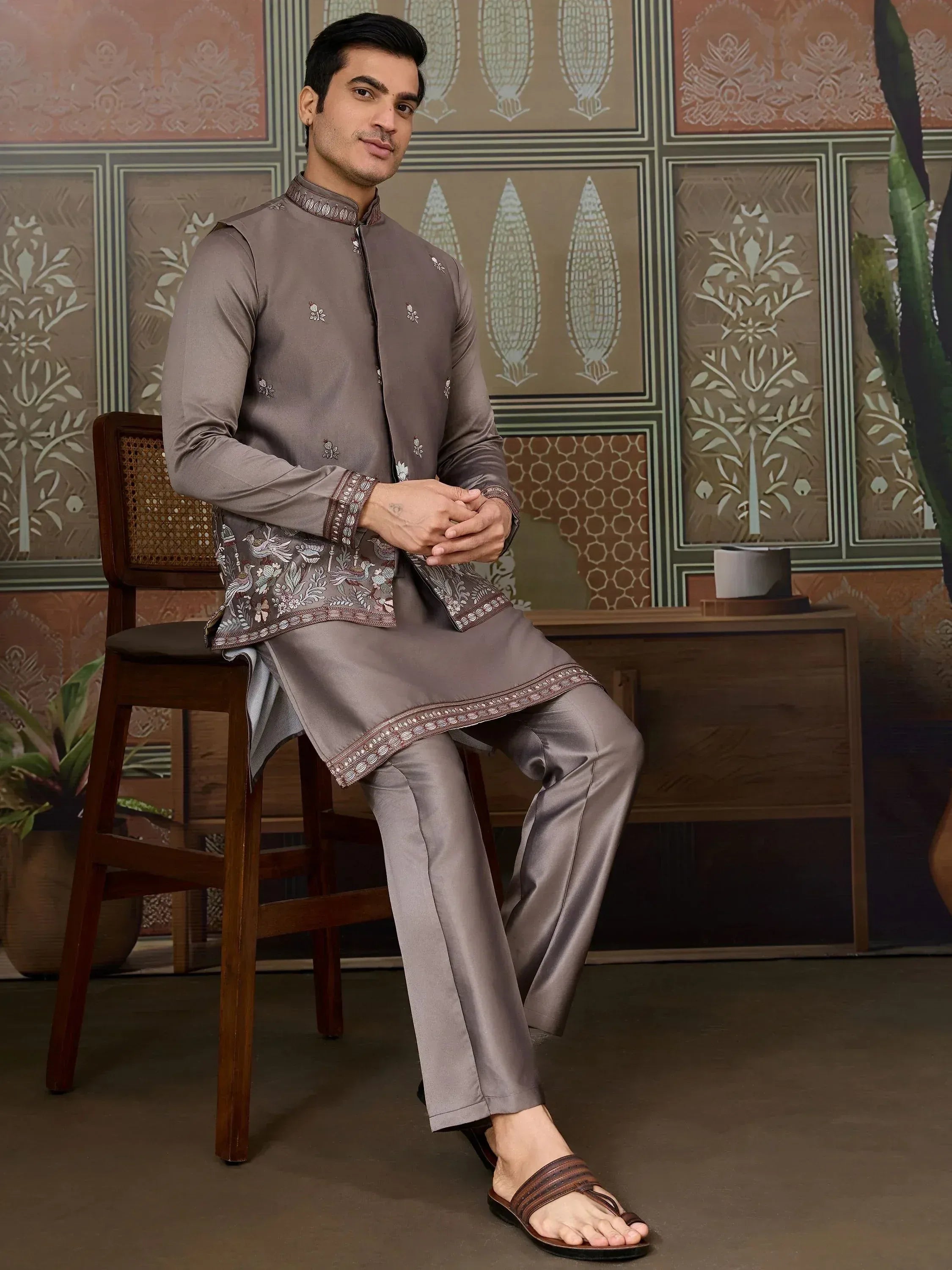Man in grey embroidered kurta set with matching pants, ethnic Indian wear for men