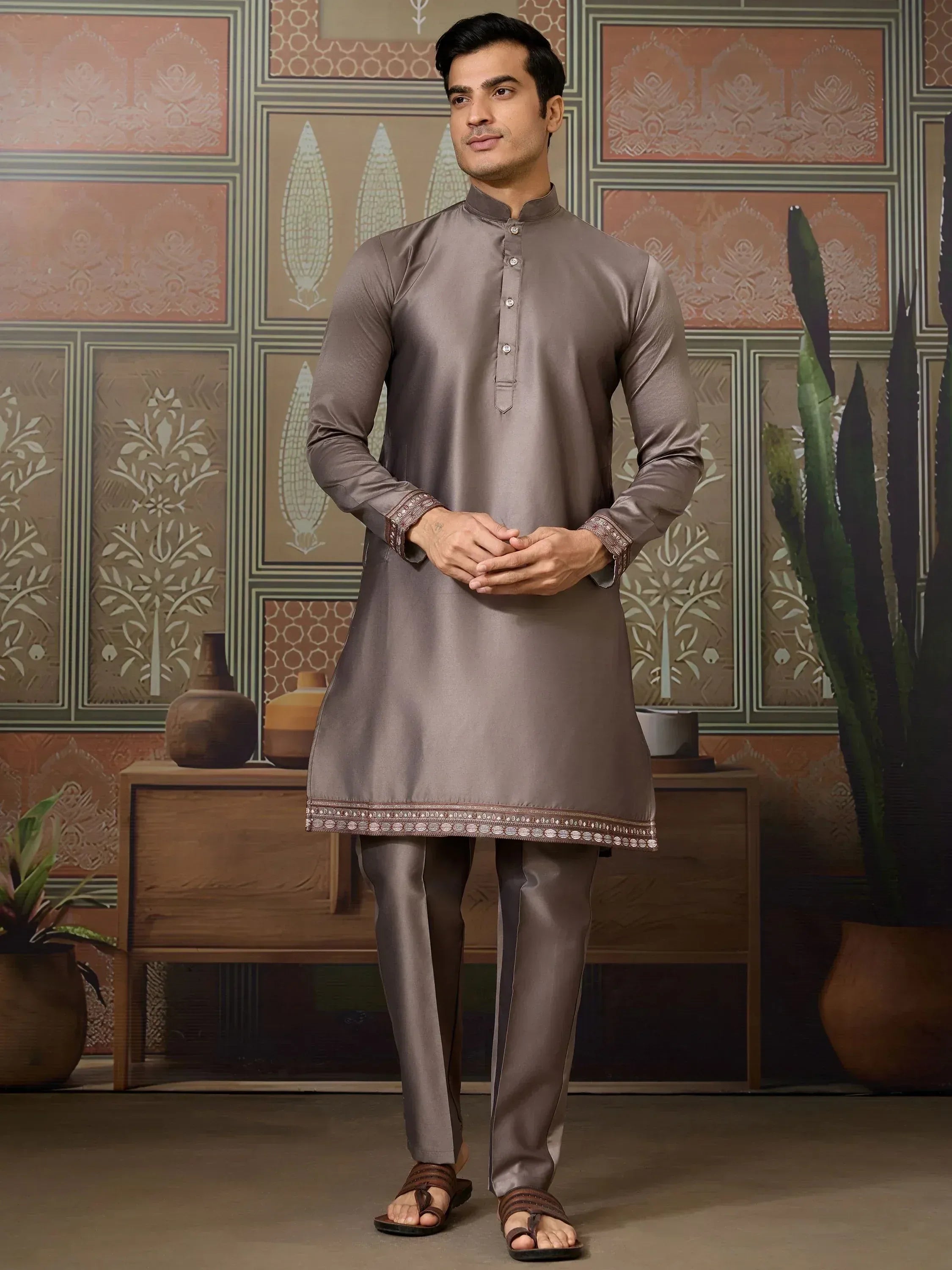 Men's grey silk kurta set with embroidered hem and cuffs, ethnic wear for festive occasions