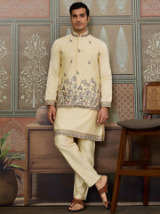 Amazing Light Yellow Thread Work Silk Designer Men Kurta With Pant And Jacket