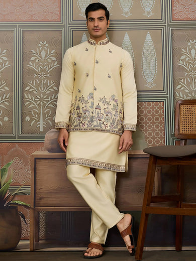 Amazing Light Yellow Thread Work Silk Designer Men Kurta With Pant And Jacket
