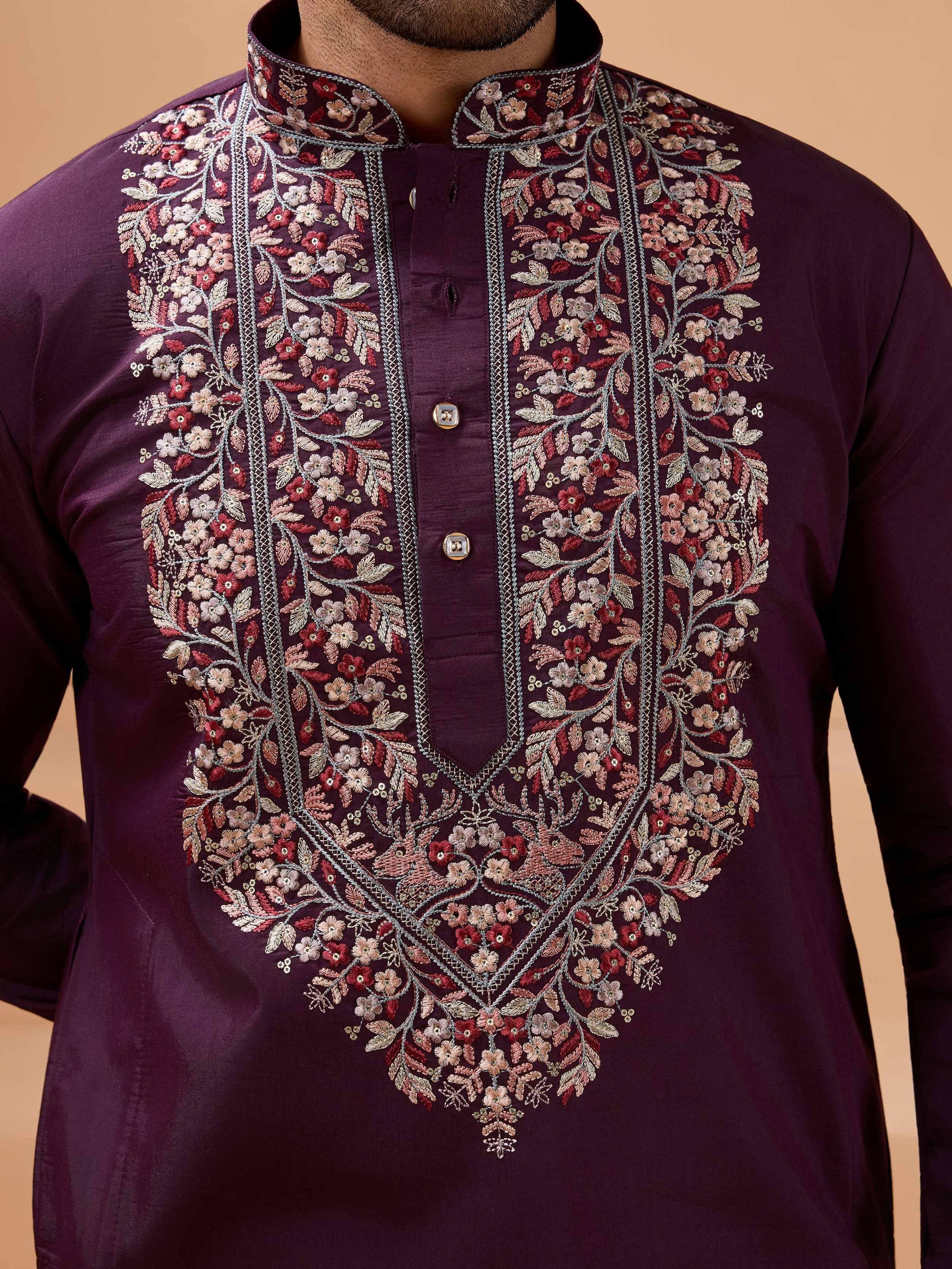 Purple kurta with intricate floral embroidery for men's ethnic wear