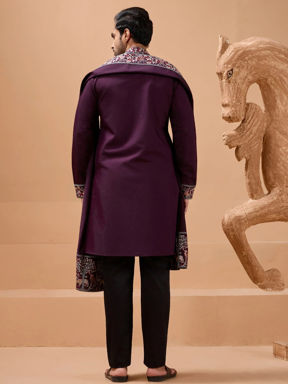 Men's purple kurta with intricate embroidery, ethnic wear for festive occasions