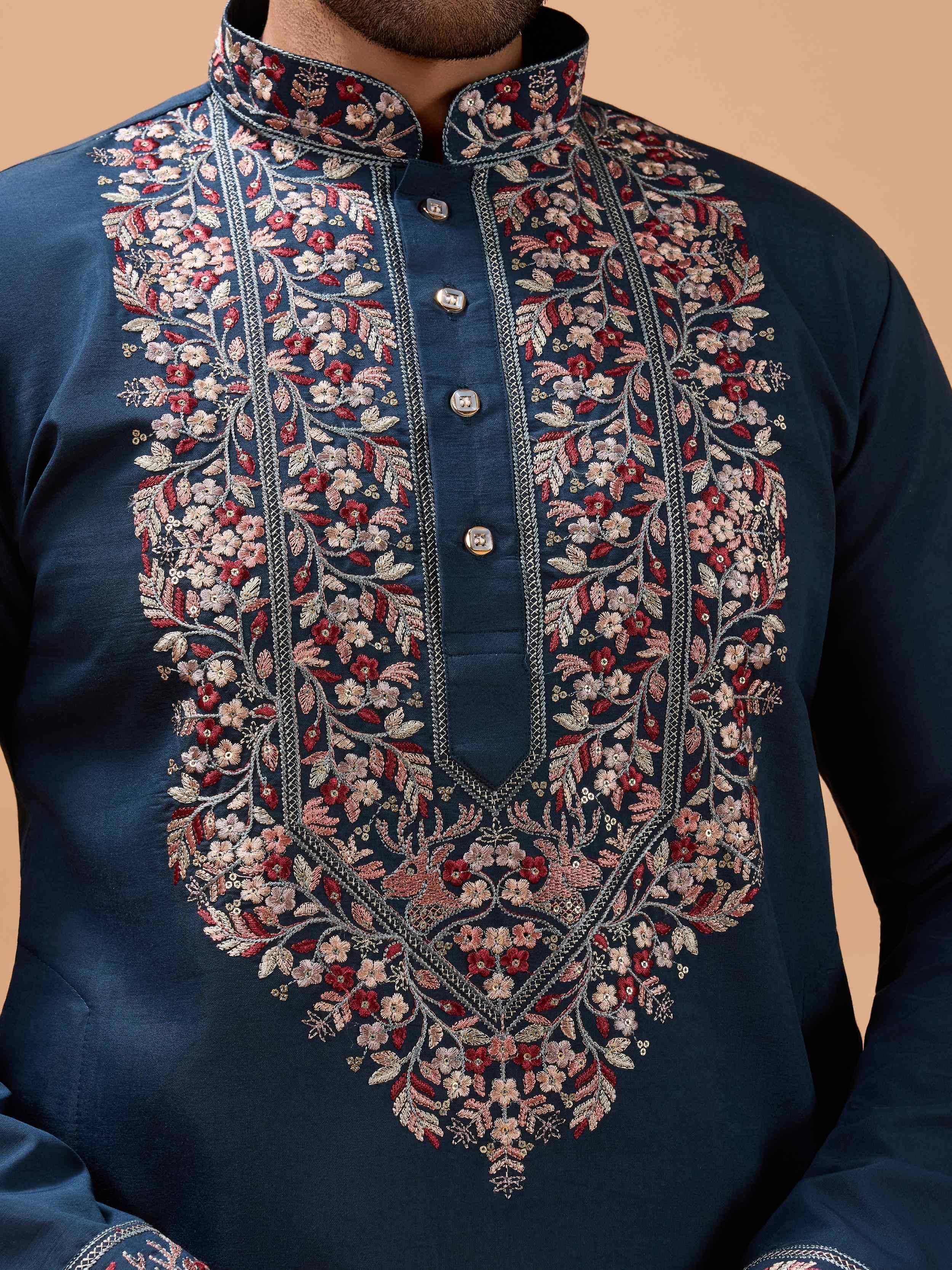 Men's navy kurta with intricate floral embroidery for ethnic wear
