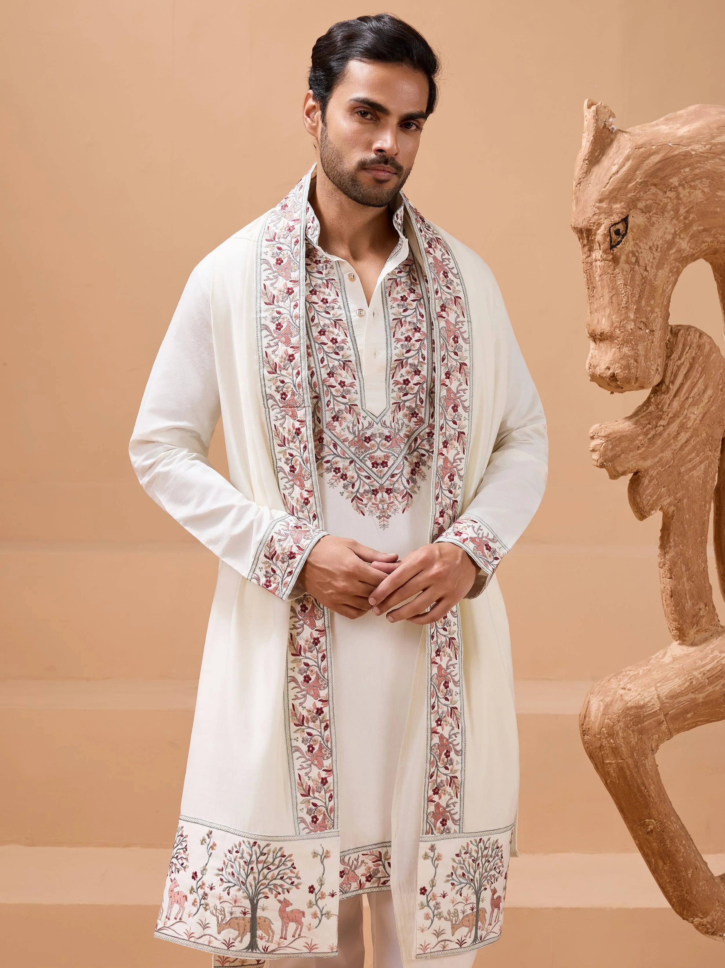Stunning White Embroidered Silk Wedding Wear Men’s Kurta With Dupatta