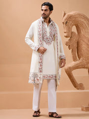 Stunning White Embroidered Silk Wedding Wear Men’s Kurta With Dupatta