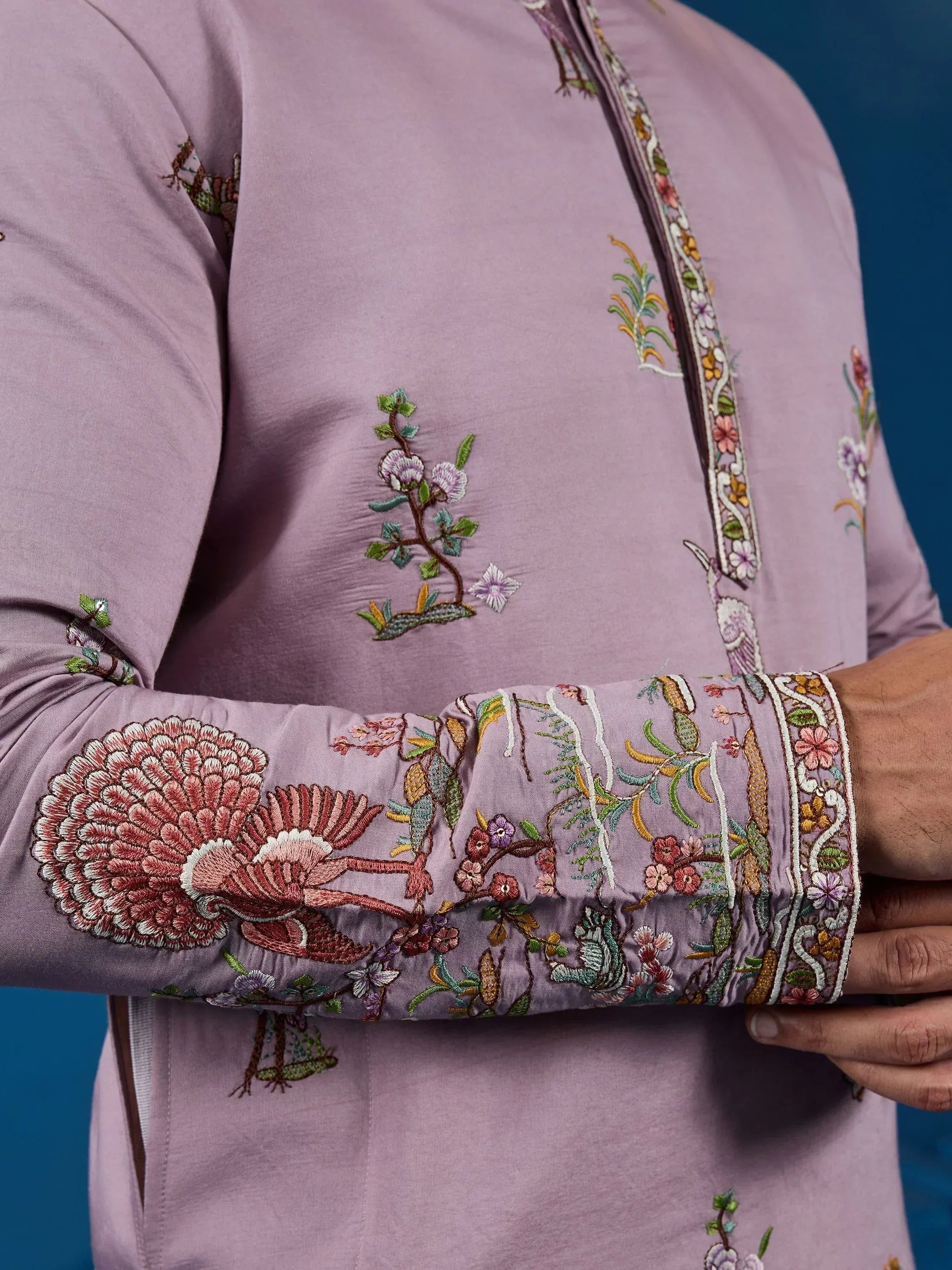 Rich Dusty Pink Thread Embroidered Viscose Festival Wear Men Kurta With Pant