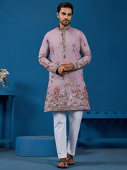 Rich Dusty Pink Thread Embroidered Viscose Festival Wear Men Kurta With Pant